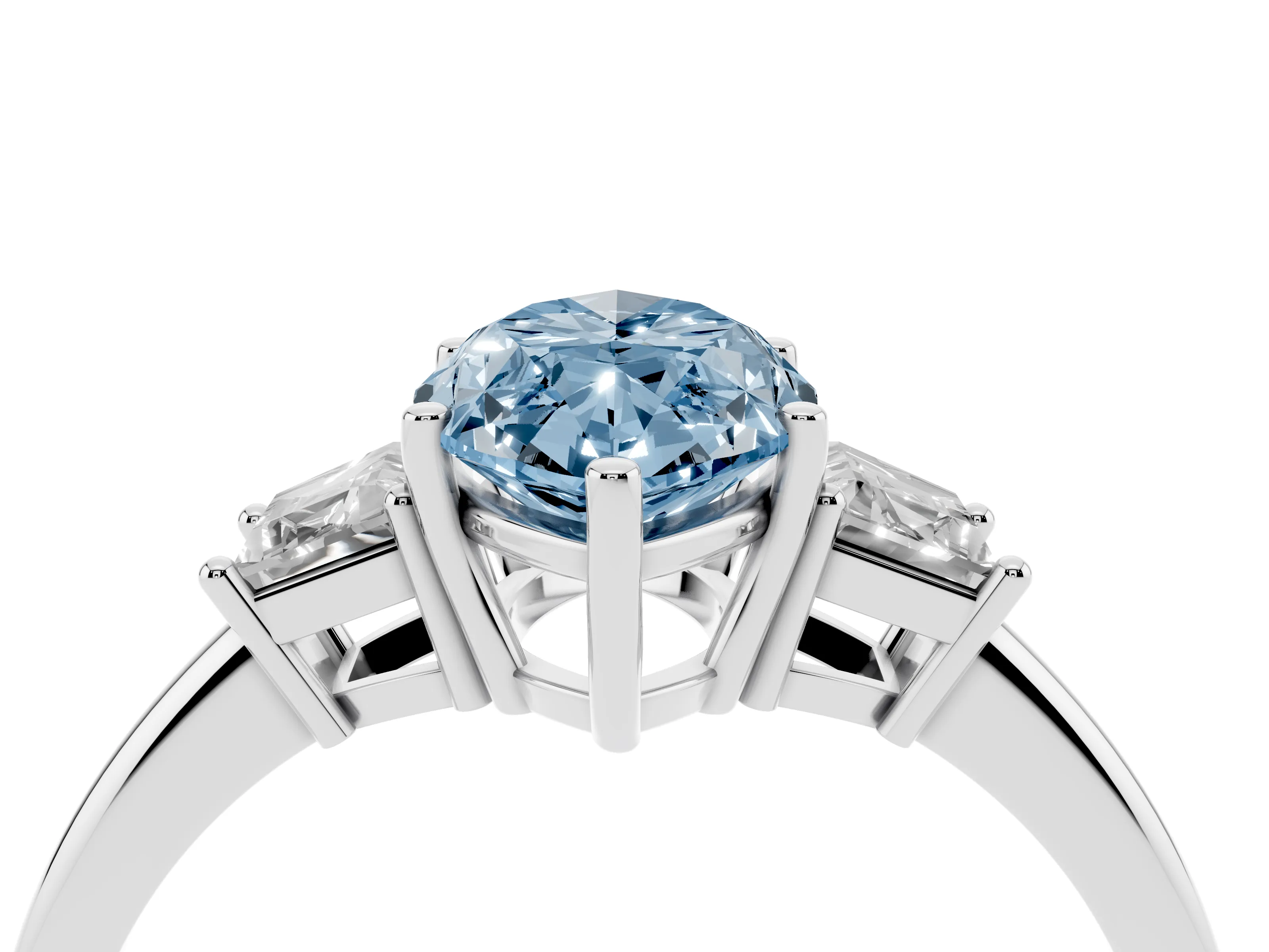 Fancy Blue Marquise Cut Diamond Three-Stone Ring Set in Silver with Trapezoid Side Stones and Prong Setting