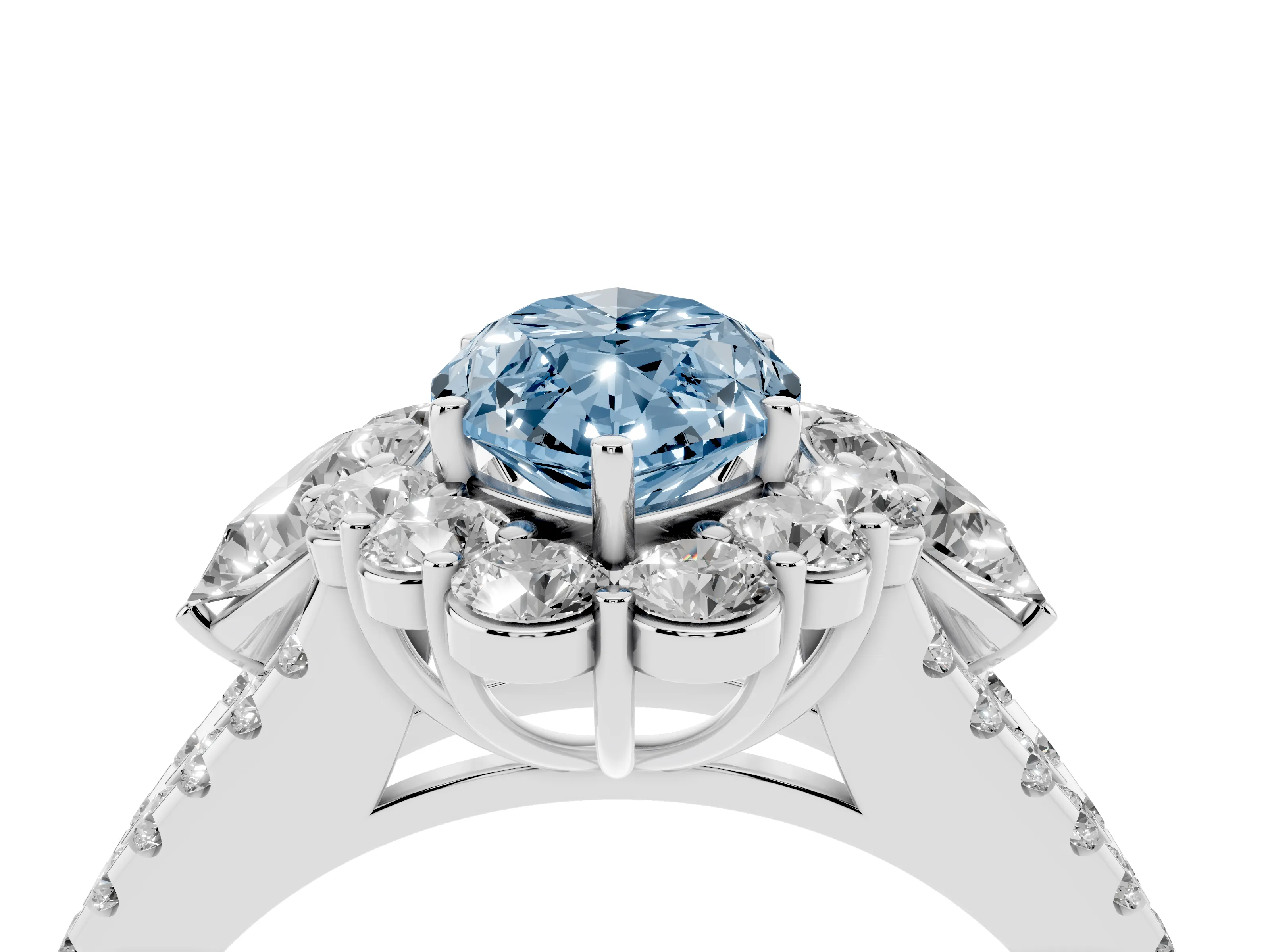 Fancy Blue Marquise Cut Diamond Halo Split Shank Engagement Ring Set in Silver with Prong-Held Center Stone