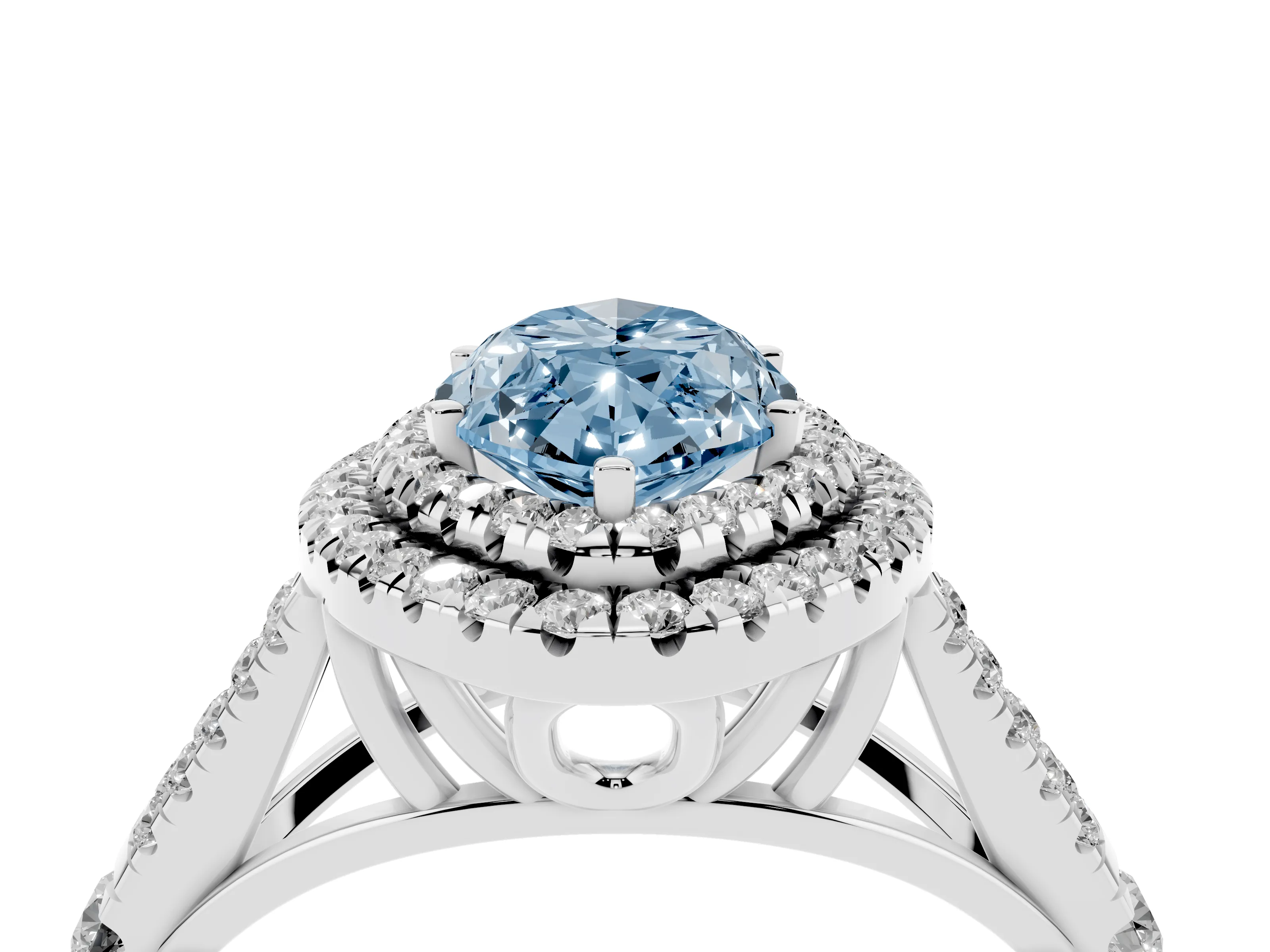 Fancy Blue Marquise Cut Diamond Pavé Split Shank Double Halo Engagement Ring Set in Platinum