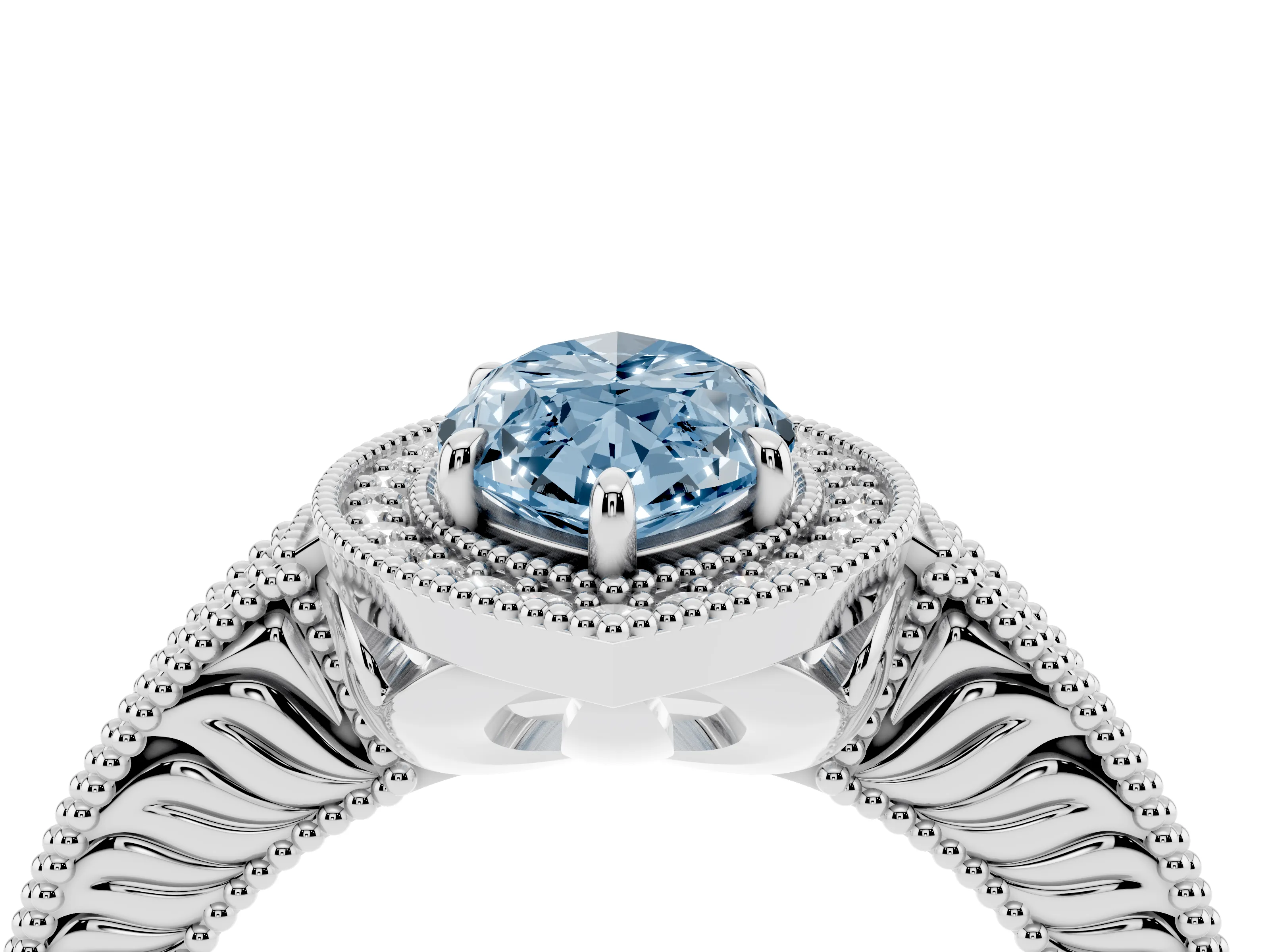 Fancy Blue Marquise Cut Diamond Halo Ring Set in White gold with Round Accent Halo, Pavé Band and Prong Setting
