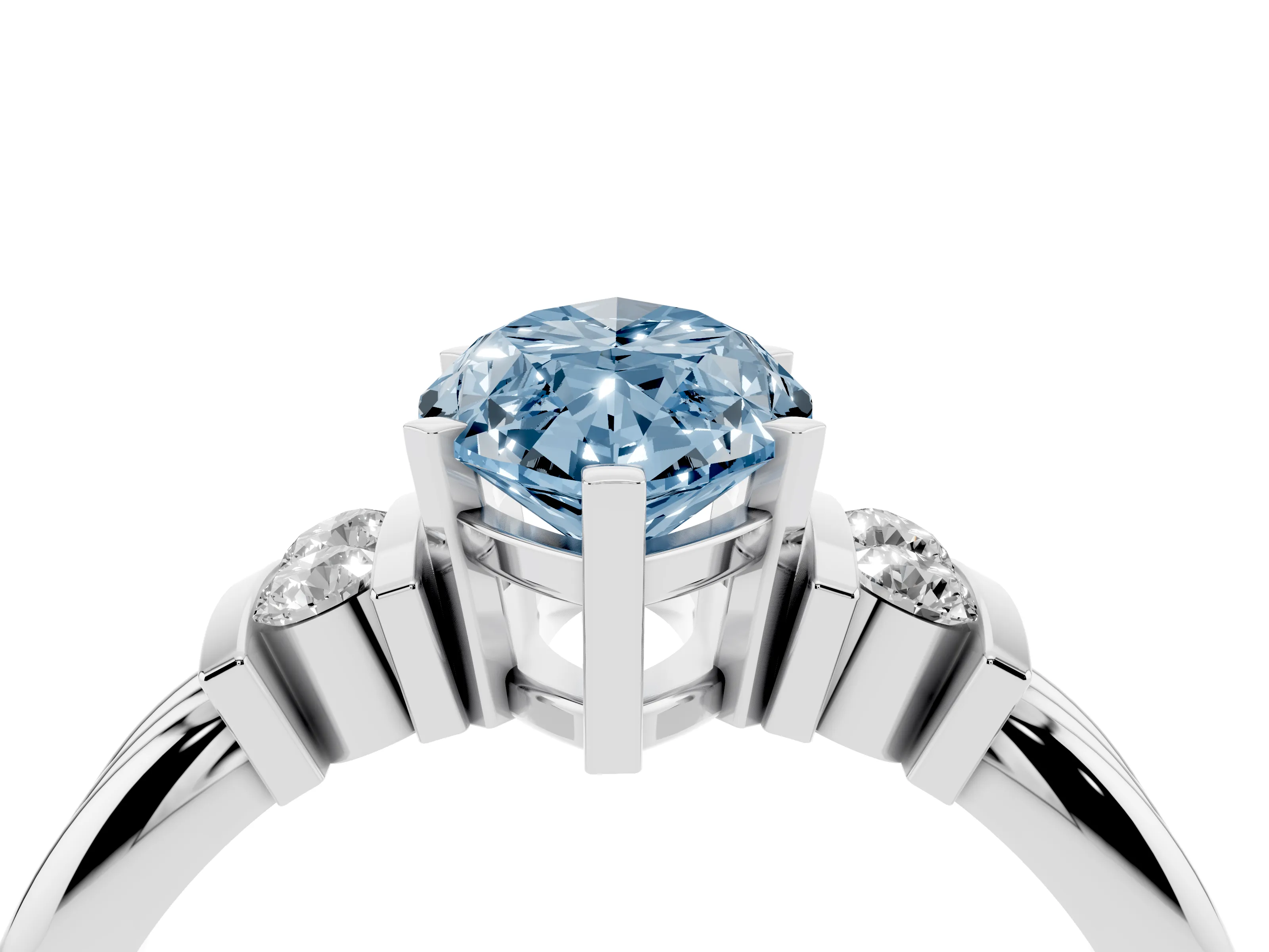 Fancy Blue Three-Stone Marquise Cut Diamond Channel Set Ring Set in Platinum with Bar Prongs