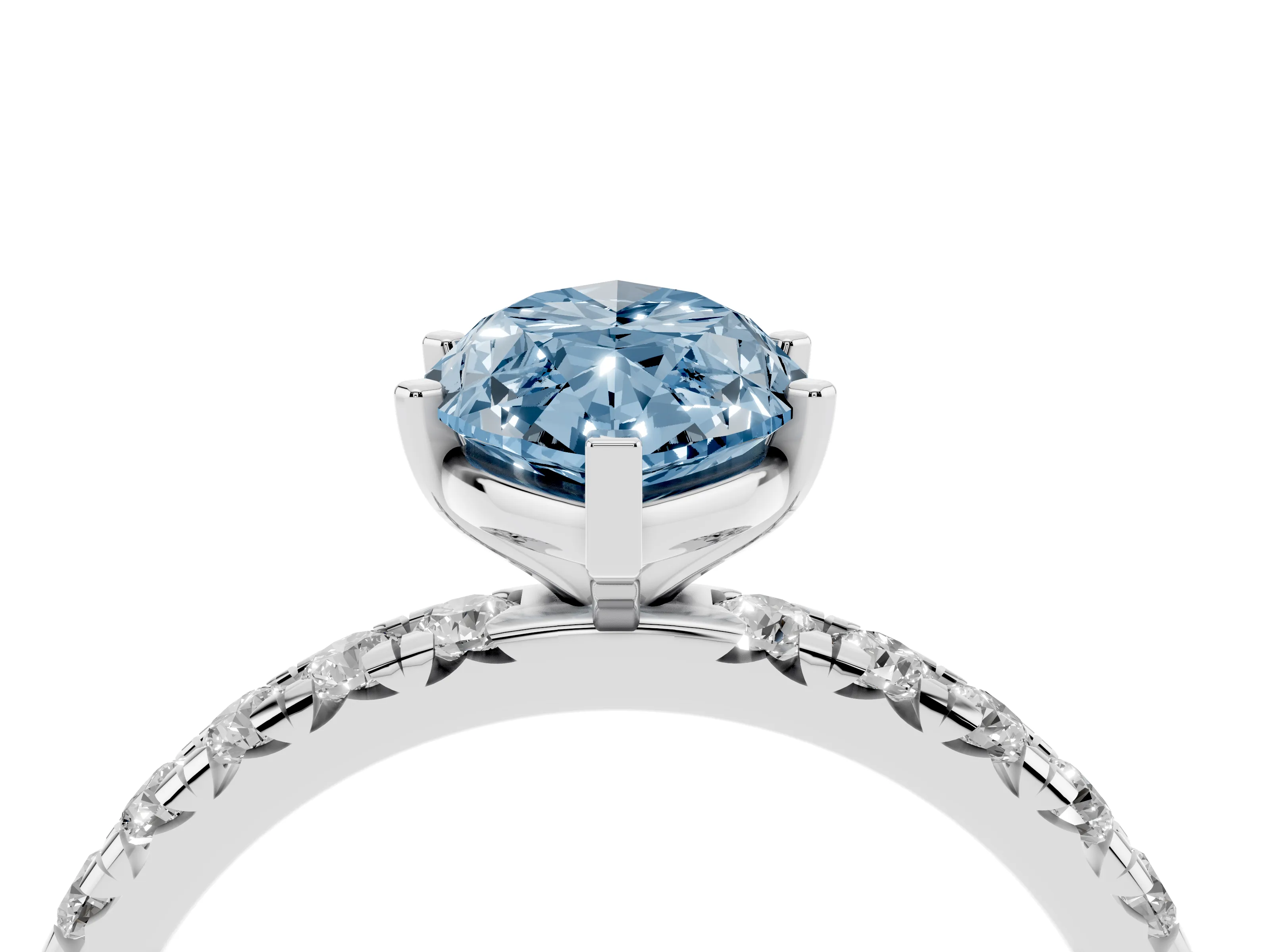 Fancy Blue Marquise Cut Diamond Pavé Solitaire Ring Set in Platinum with Round Band and Prong Setting