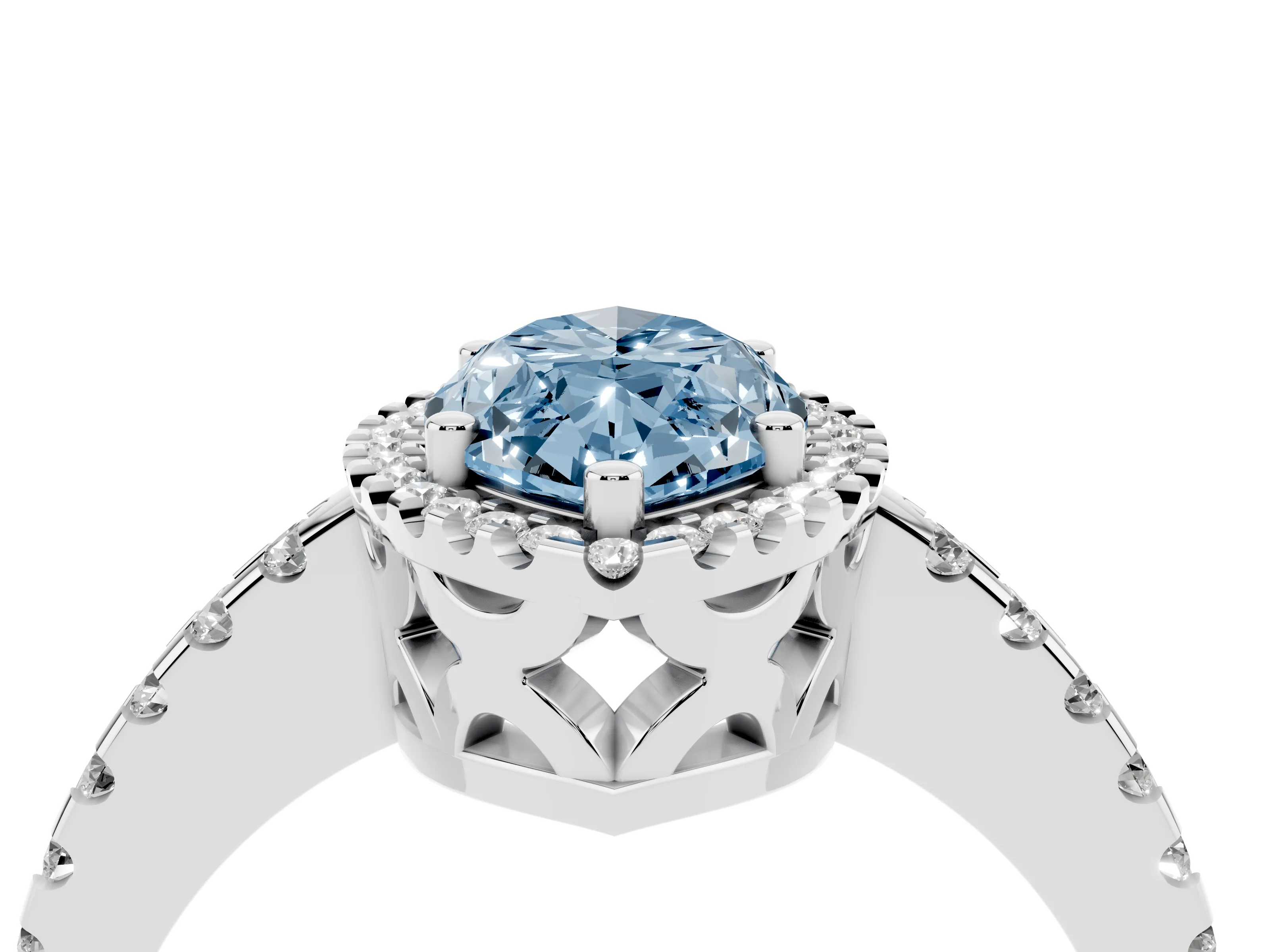 Fancy Blue Marquise Cut Diamond Halo Ring Set in Silver with Pavé Shoulders and Halo-Framed Center