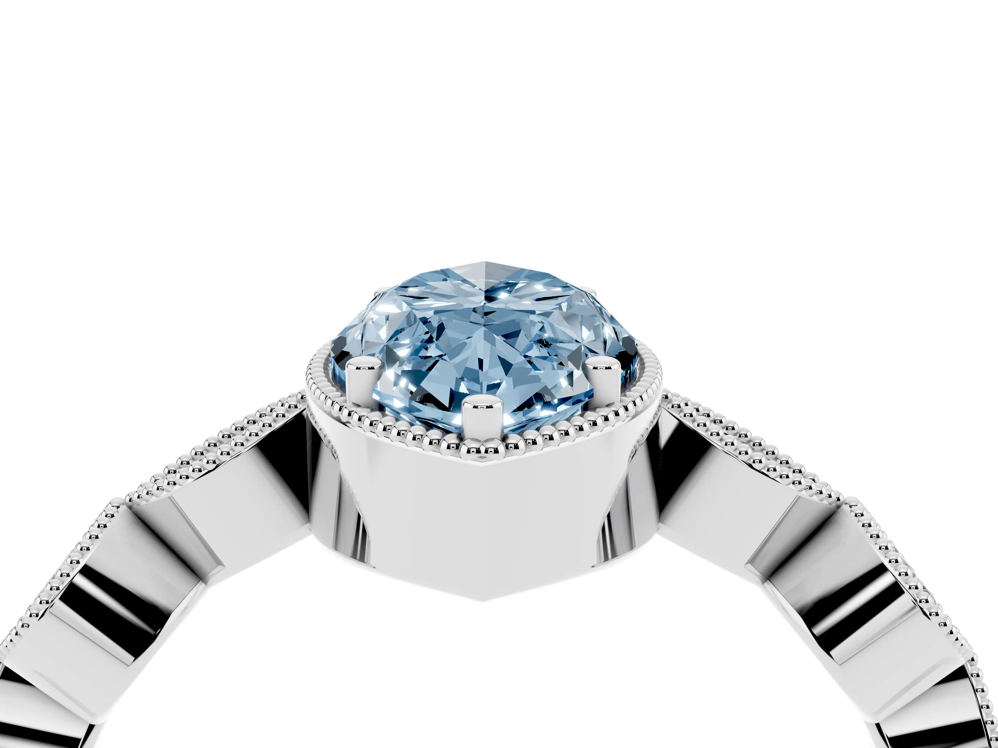 Fancy Blue Marquise Cut Diamond Vintage-Inspired Milgrain Ring Set in White gold with Marquise Stations of Round Accents