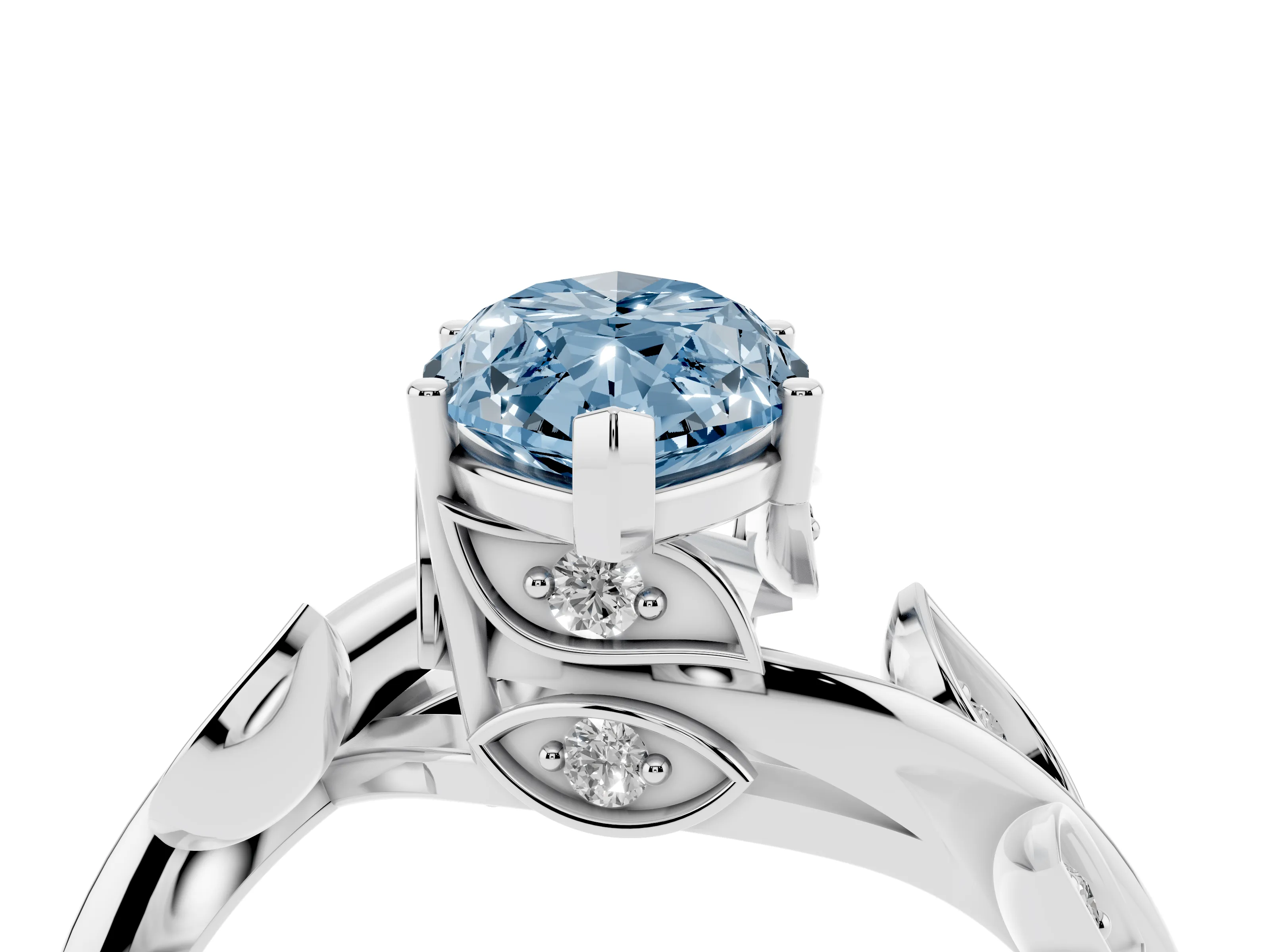 Fancy Blue Marquise Cut Diamond Solitaire Twist Engagement Ring Set in White gold with Pavé Leaf Accents