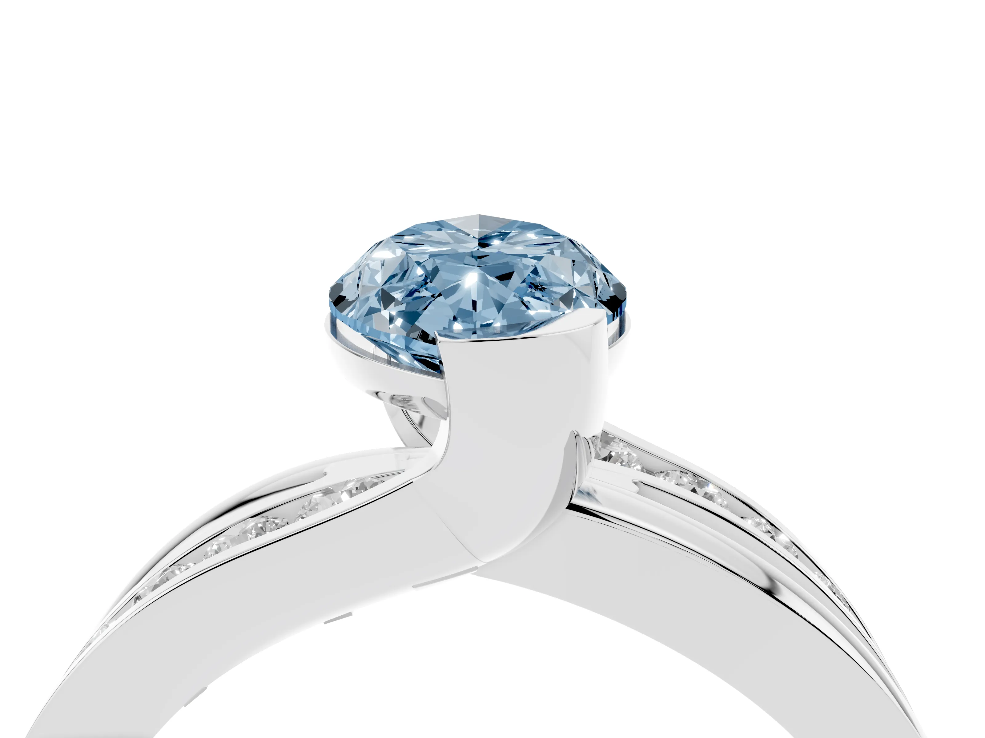 Fancy Blue Marquise Cut Diamond Solitaire Ring Set in Platinum with Channel Set Split Shank and Tension Prongs