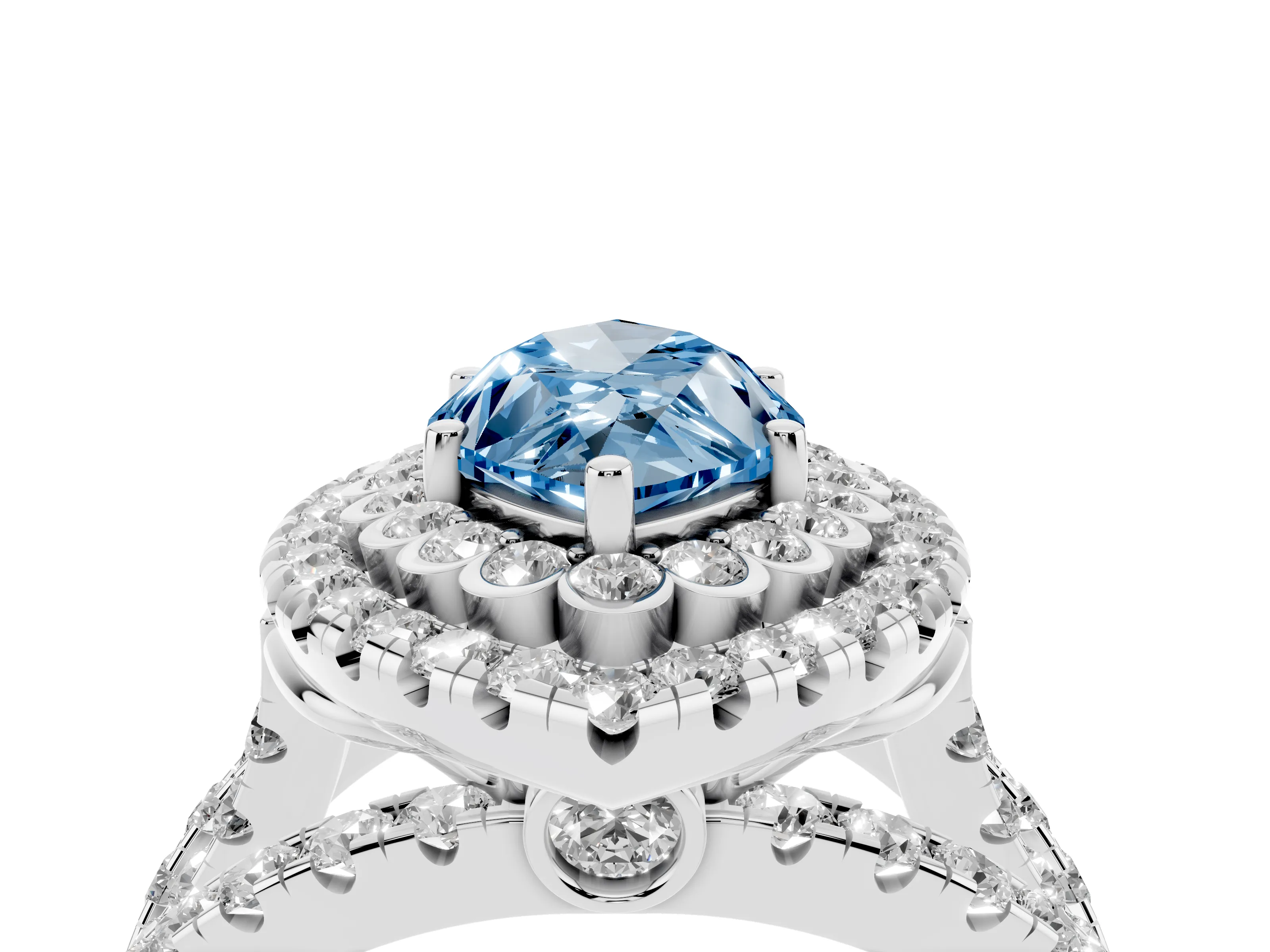 Fancy Blue Marquise Cut Diamond Double Halo Ring Set in White gold with Round Pavé Split Shank