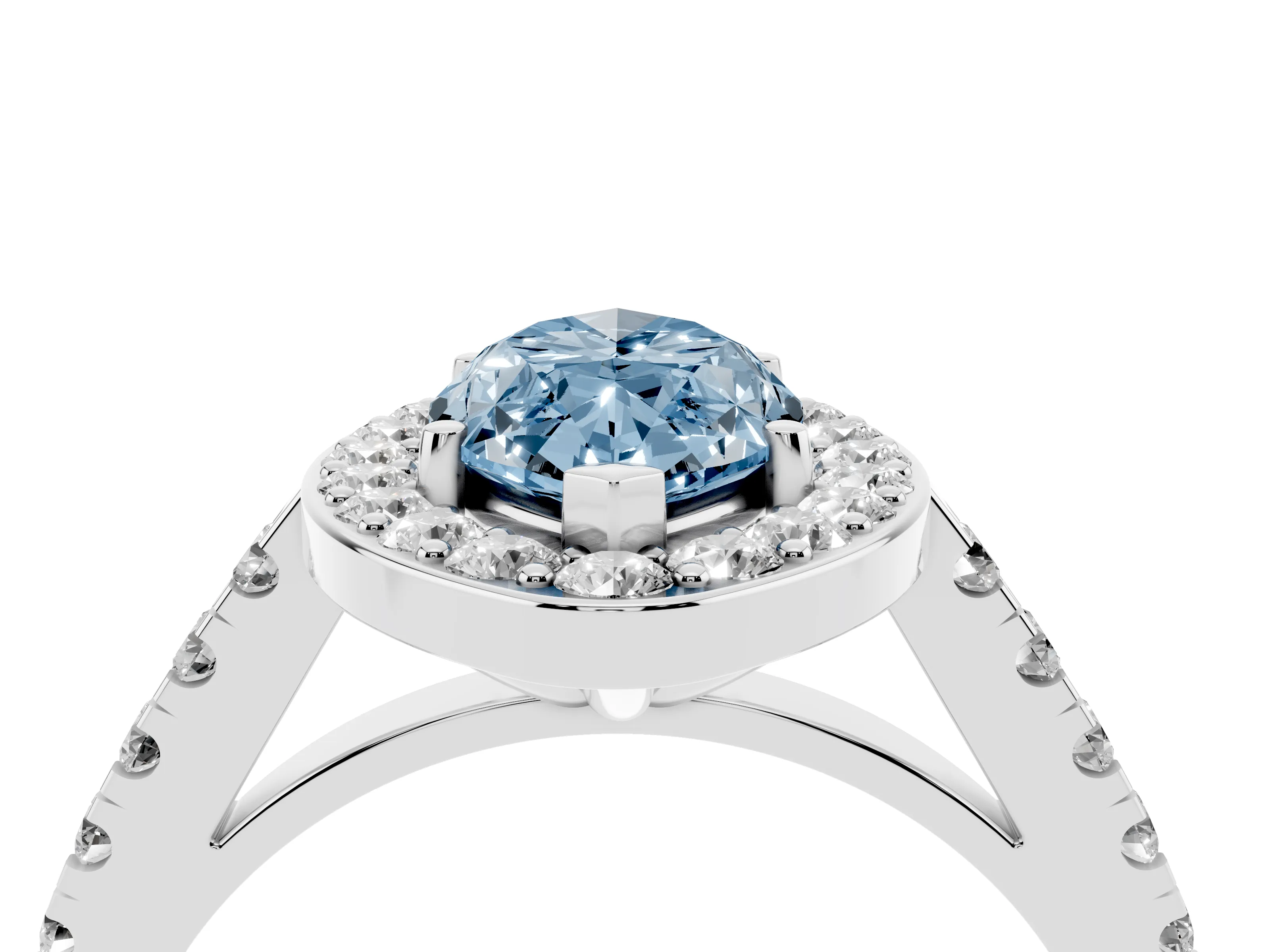 Fancy Blue Marquise Cut Diamond Halo Ring Set in White gold with Round Pavé Split Shank and Prong Setting