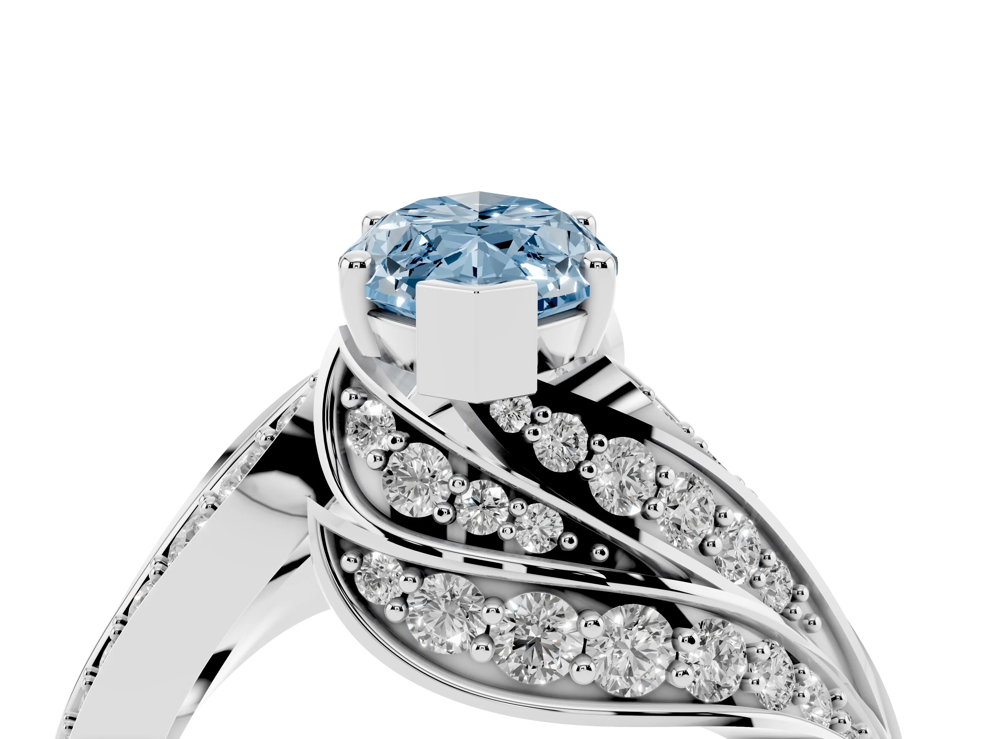 Fancy Blue Marquise Cut Diamond Solitaire Ring Set in Platinum with Layered Twist Pavé Band