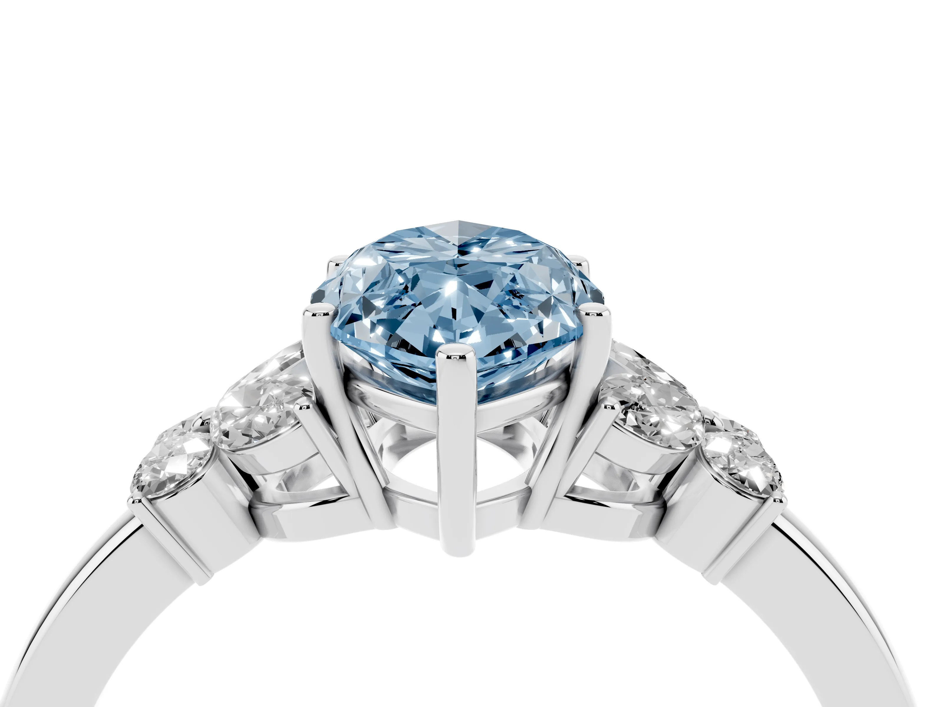 Fancy Blue Marquise Cut Diamond Solitaire Floral Ring Set in Platinum with Marquise Petals and Prong Setting