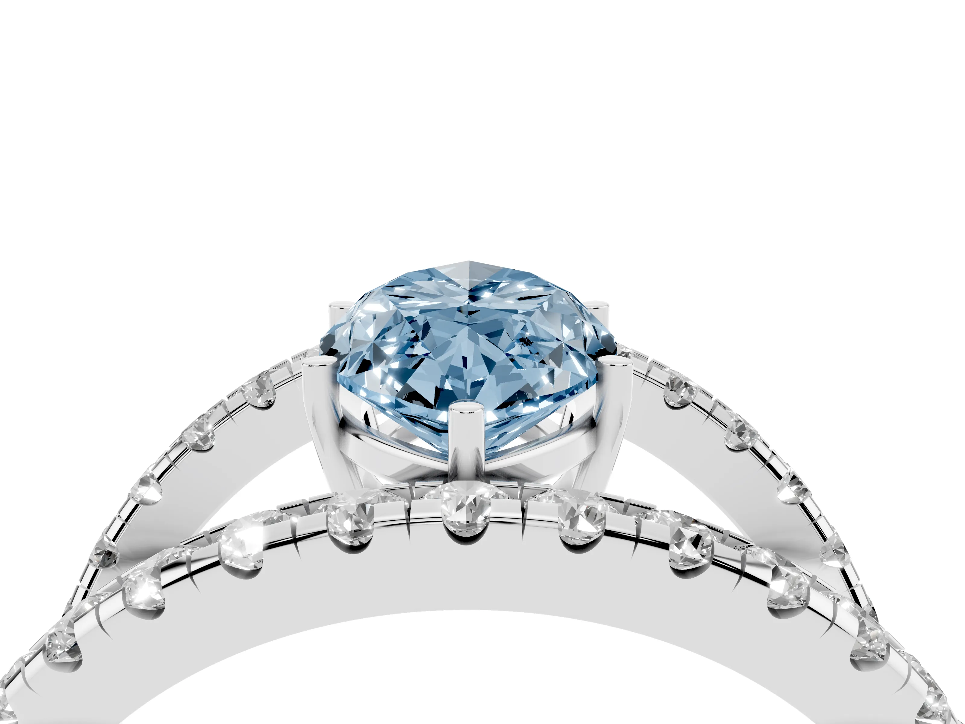 Fancy Blue Marquise Cut Diamond Split Shank Pavé Solitaire Ring Set in Platinum with Open Shank Design