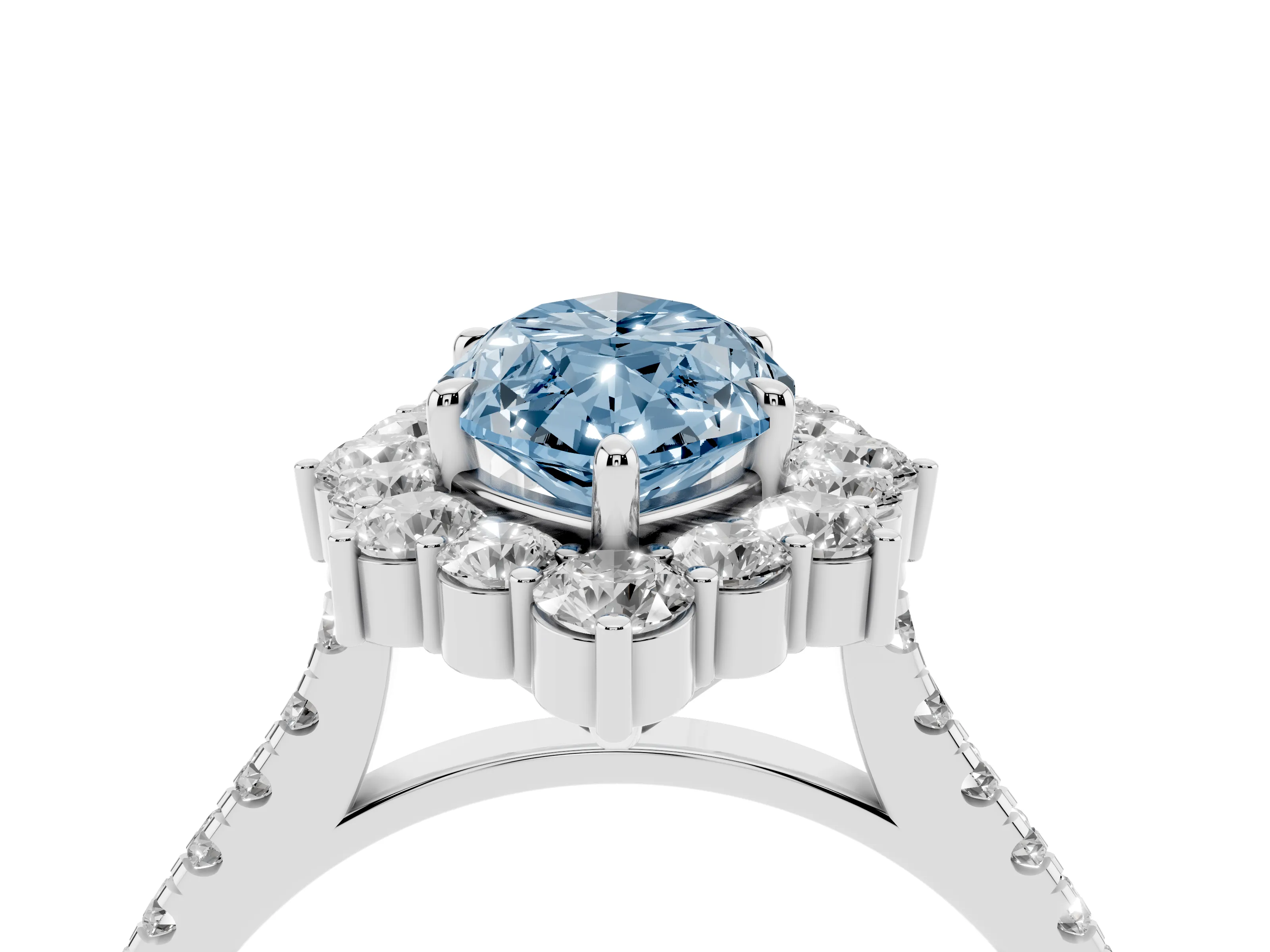 Fancy Blue Marquise Cut Diamond Halo Ring Set in White gold with Pavé Band and Prong Setting