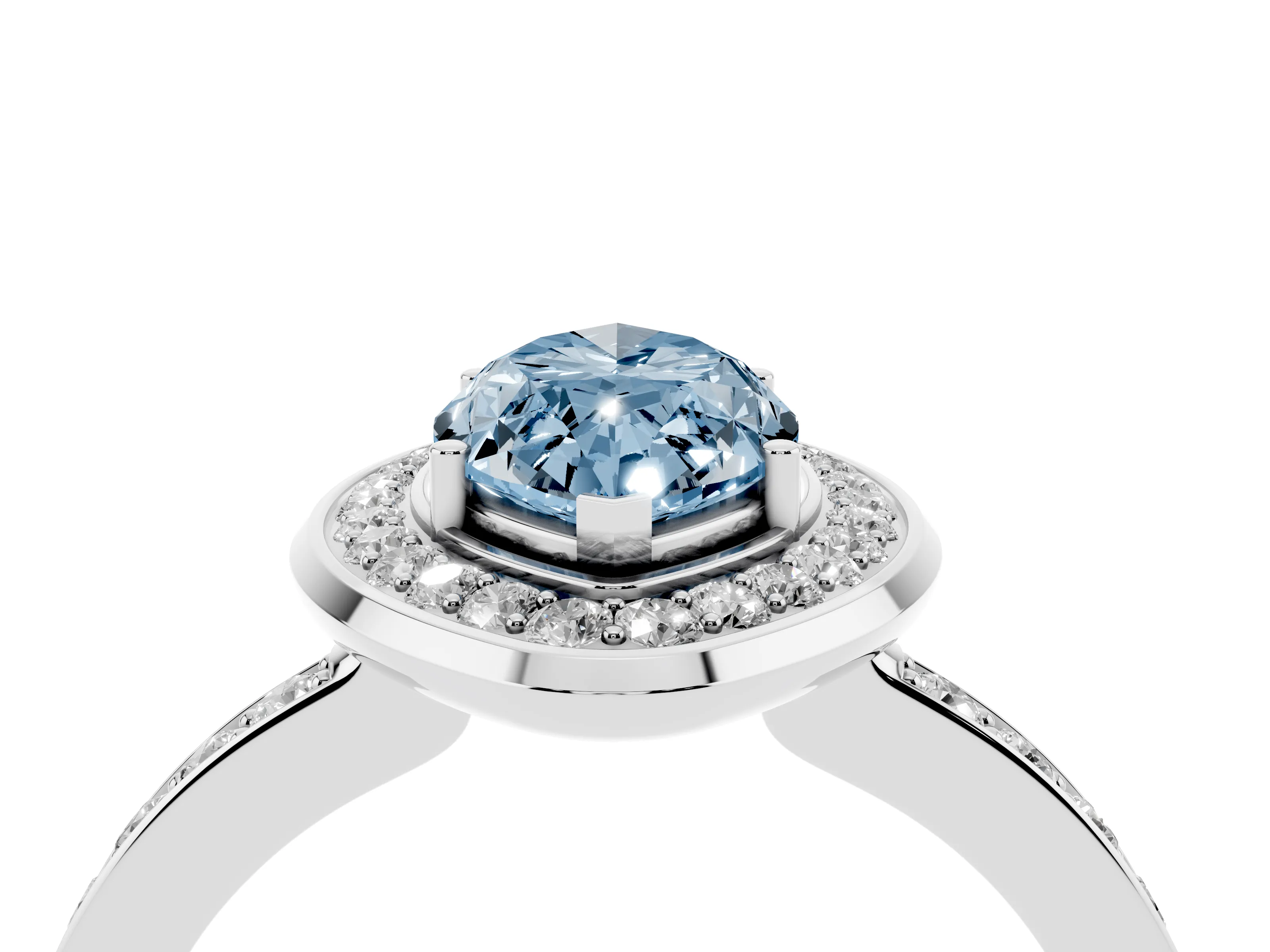 Fancy Blue Marquise Cut Diamond Halo Ring Set in White gold with Bezel Frame and Pavé Band