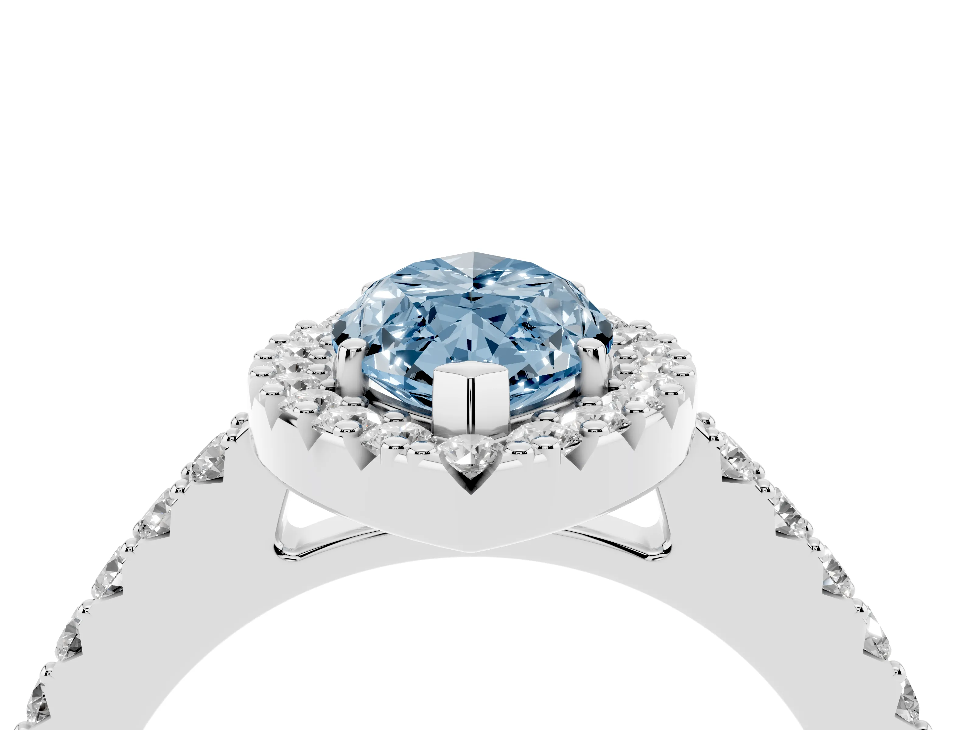 Fancy Blue Marquise Cut Diamond Halo Pavé Solitaire Ring Set in Platinum with Prong-Set Center Stone