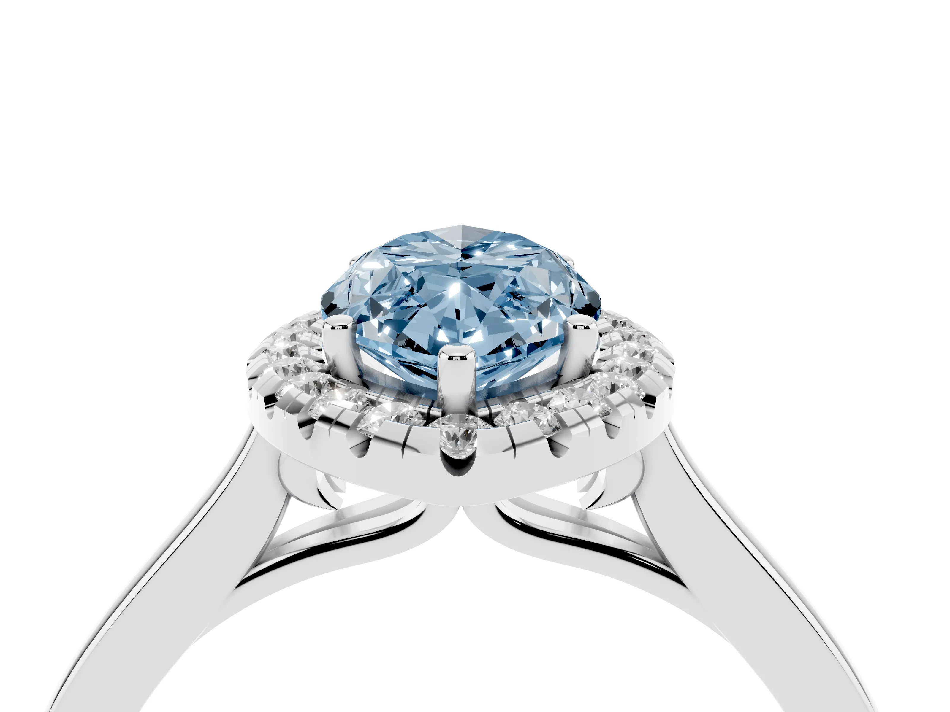 Fancy Blue Marquise Cut Halo Round Diamond Solitaire Ring Set in Platinum with Pavé Band and Prong Setting