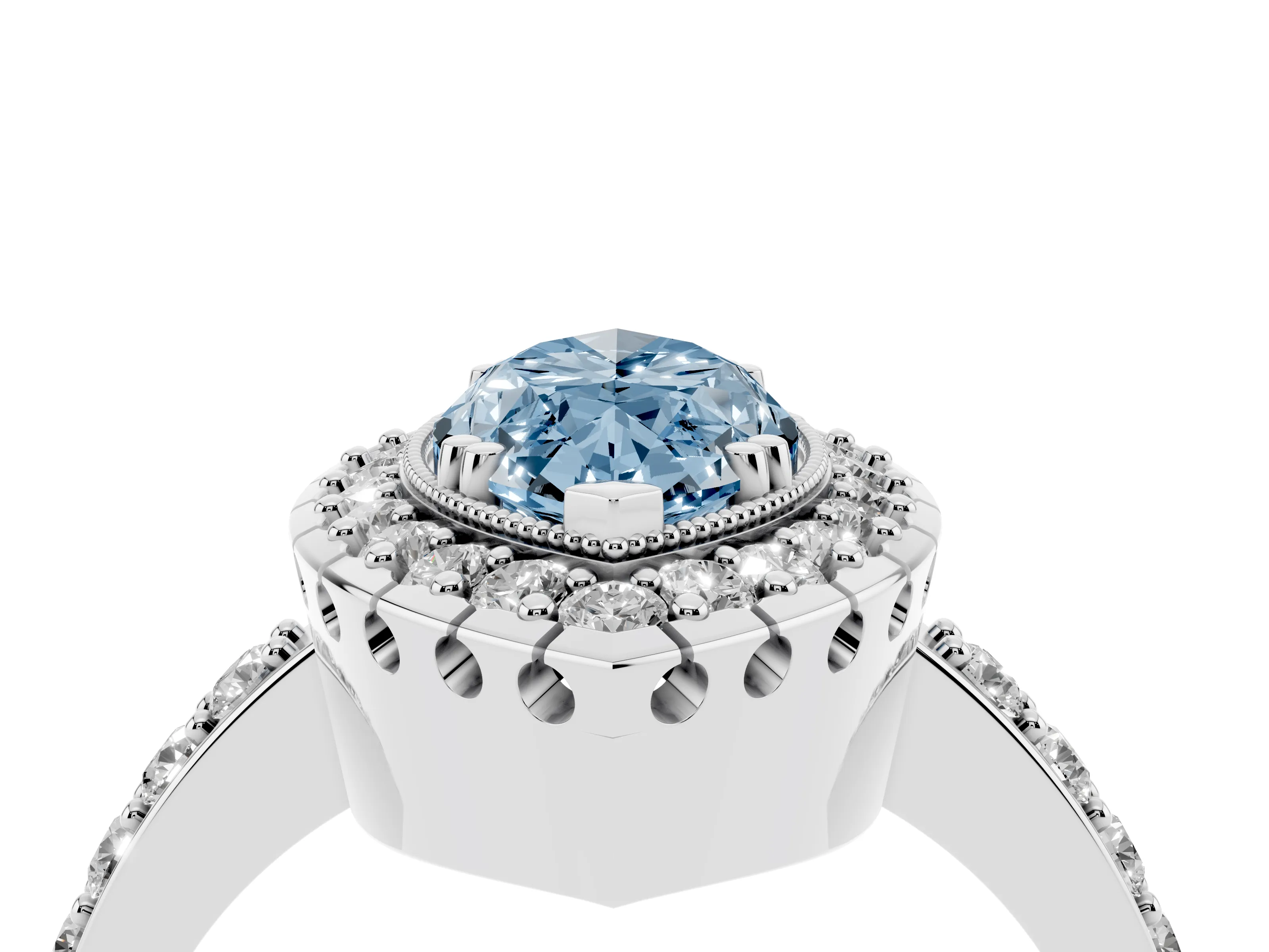 Fancy Blue Marquise Cut Diamond Halo Ring Set in White gold with Pavé Shank and Prong Setting