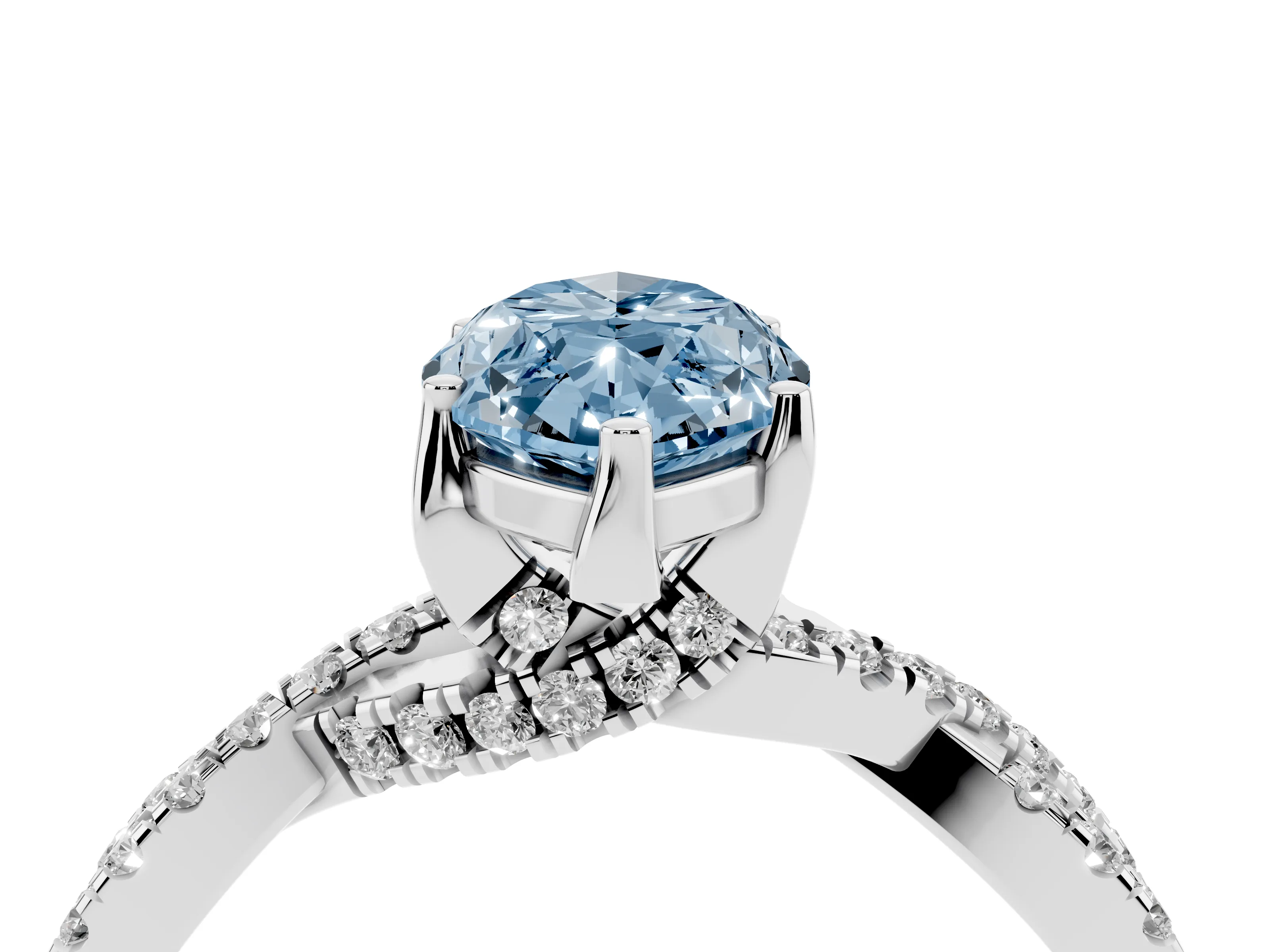 Fancy Blue Marquise Cut Diamond Twist Pavé Solitaire Engagement Ring Set in White gold with Prong Setting