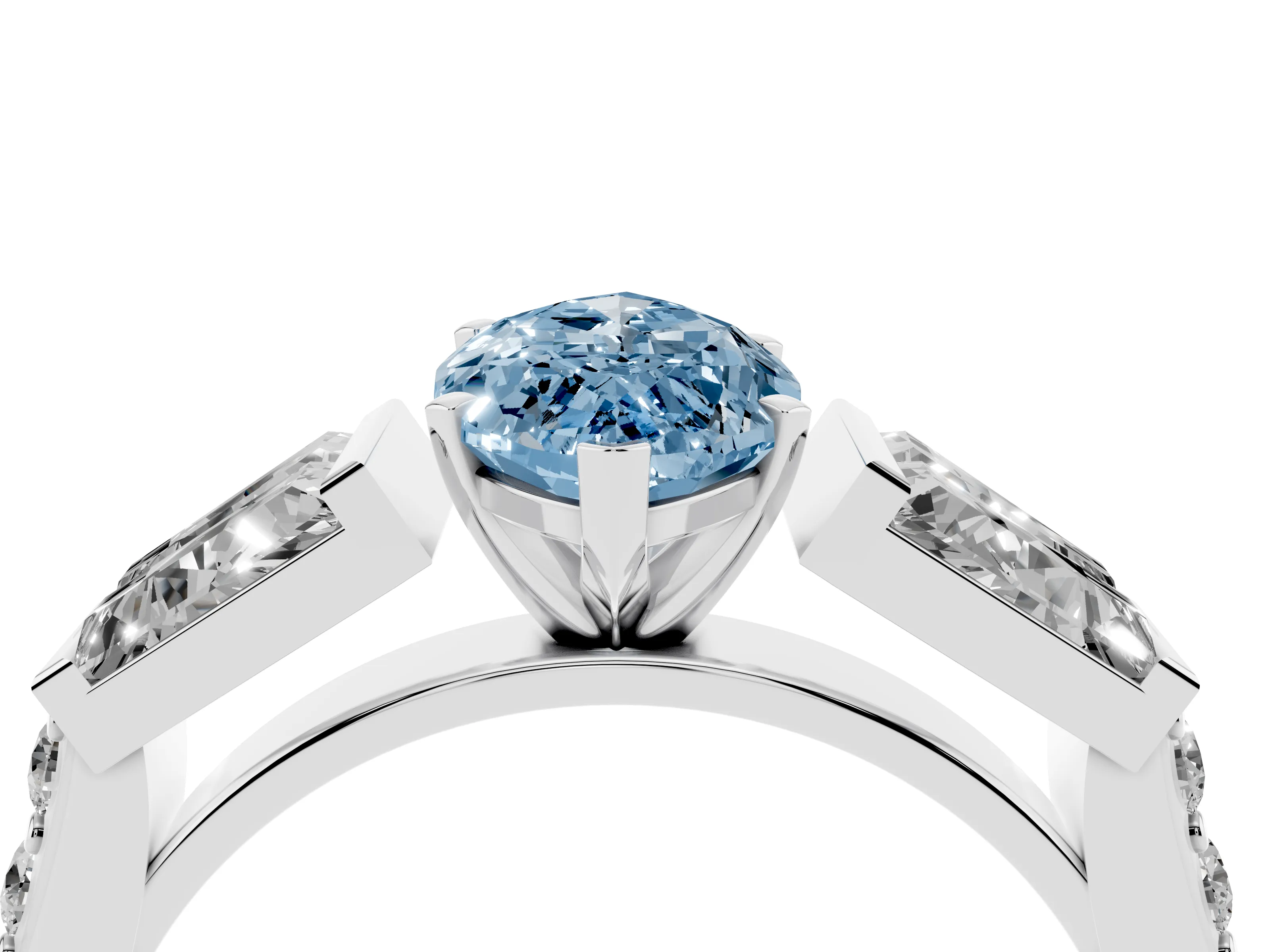 Fancy Blue Marquise Cut Diamond Engagement Ring Set in Silver with Baguette Side Stones and Channel Set Band