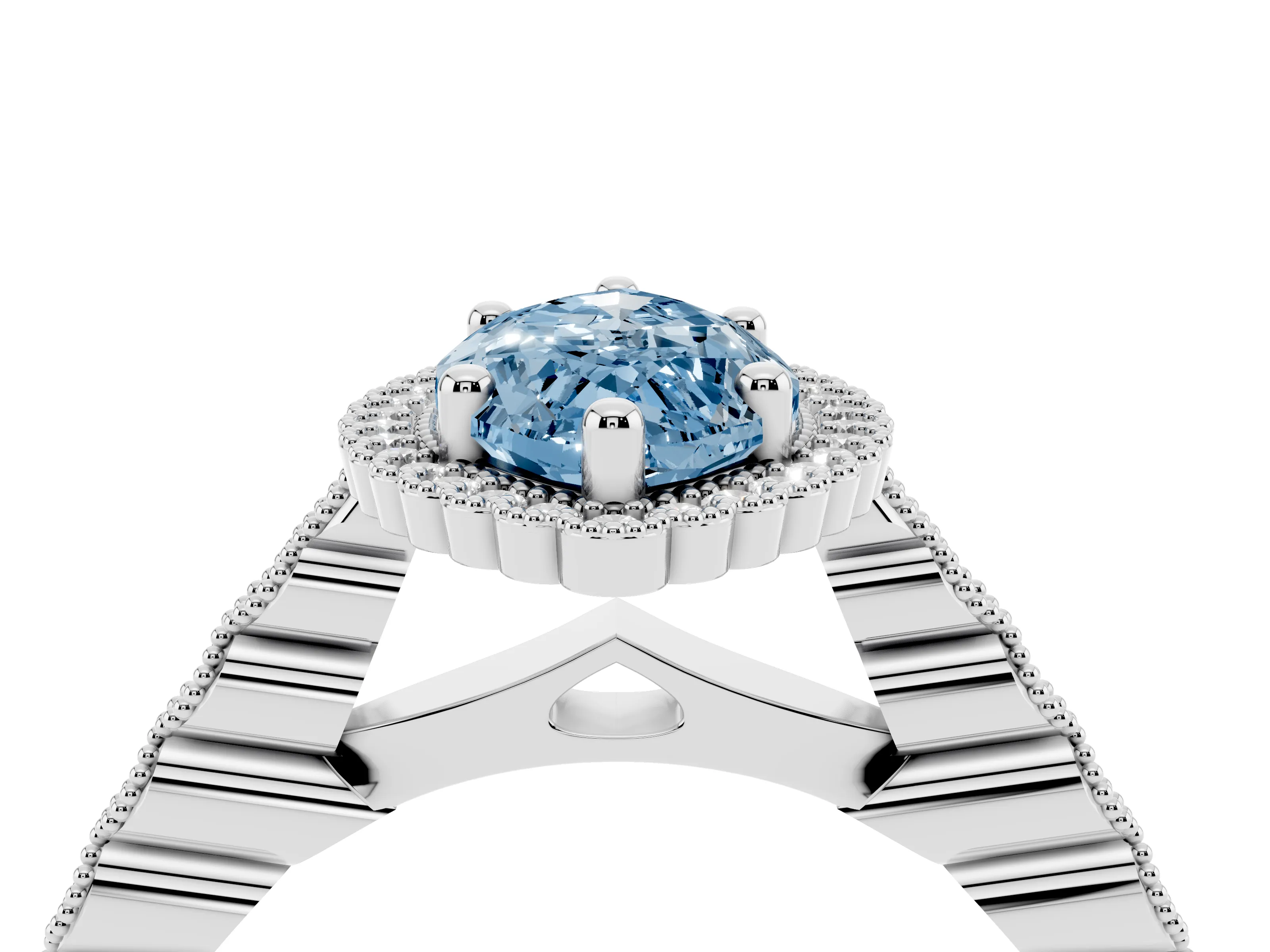 Fancy Blue Marquise Cut Diamond Halo Ring Set in White gold with Pavé Milgrain Band