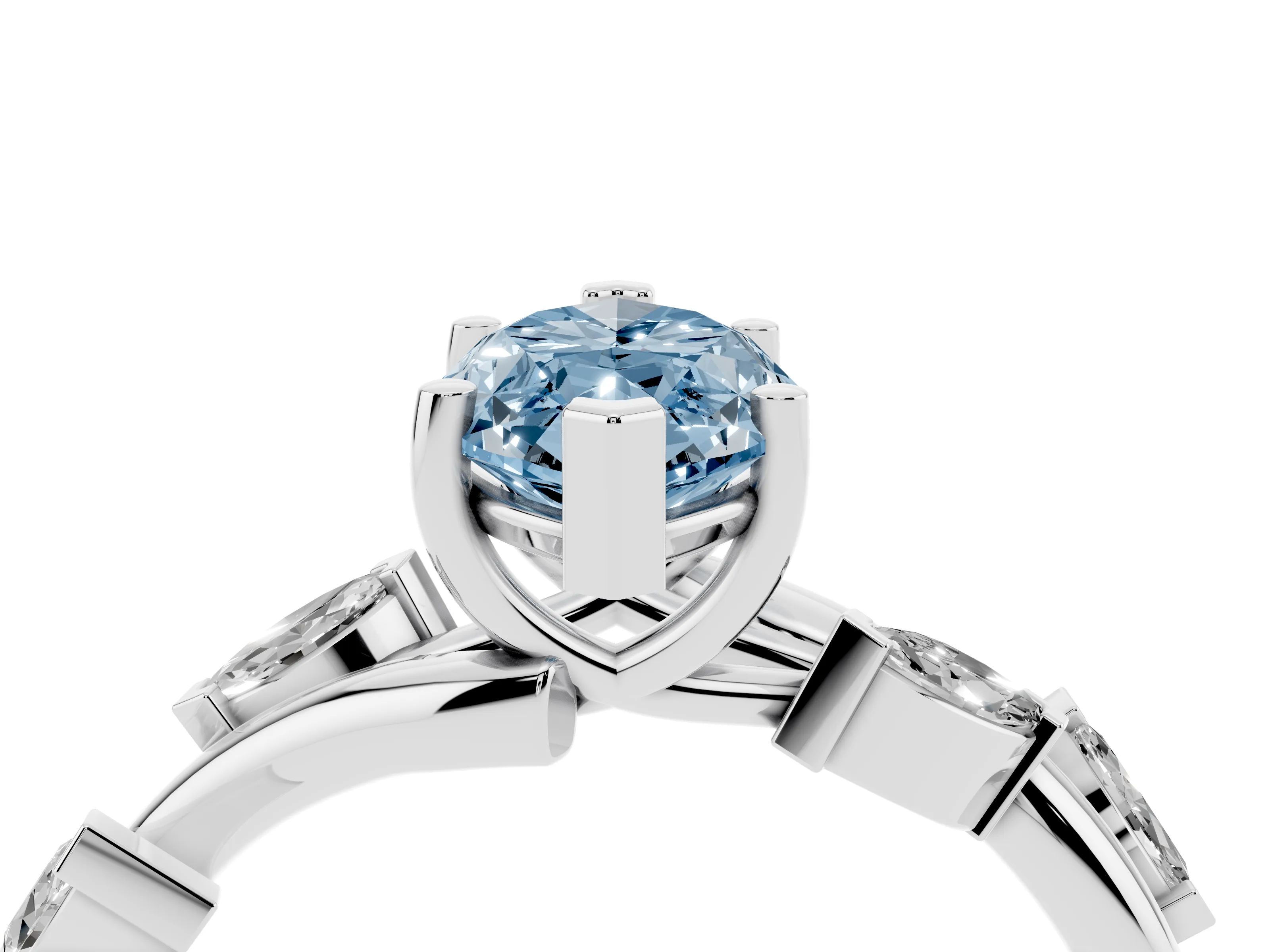 Fancy Blue Marquise Cut Diamond Solitaire Ring Set in White gold with Twisted Marquise Accent Band
