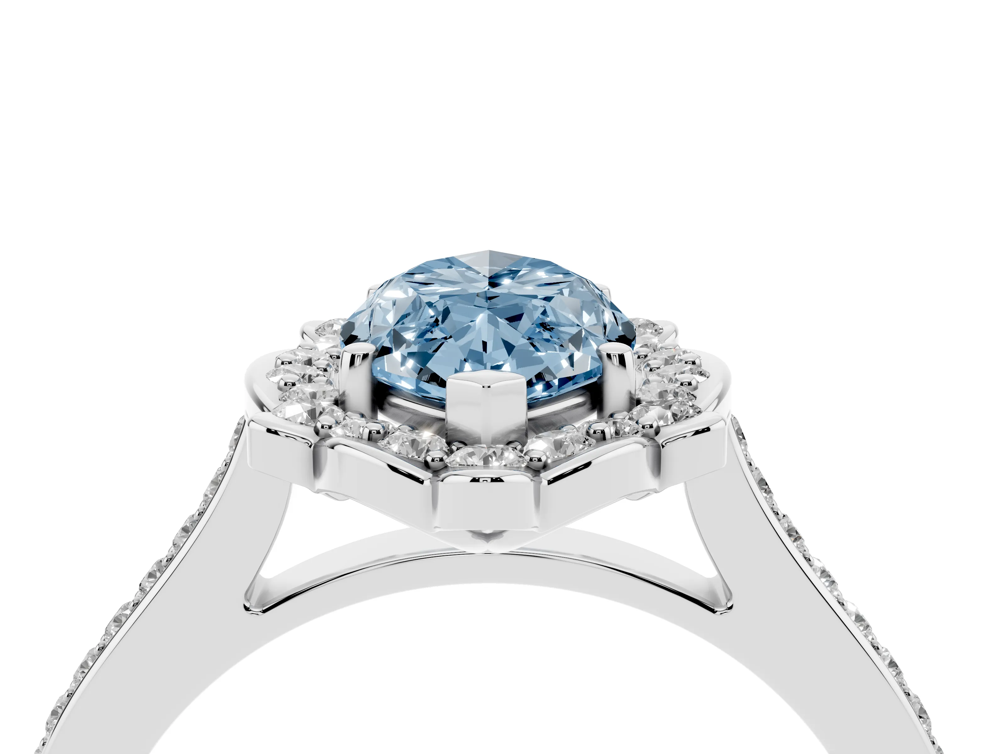 Fancy Blue Marquise Cut Diamond Halo Ring Set in White gold with Pavé-Lined Shoulders and Prong Setting