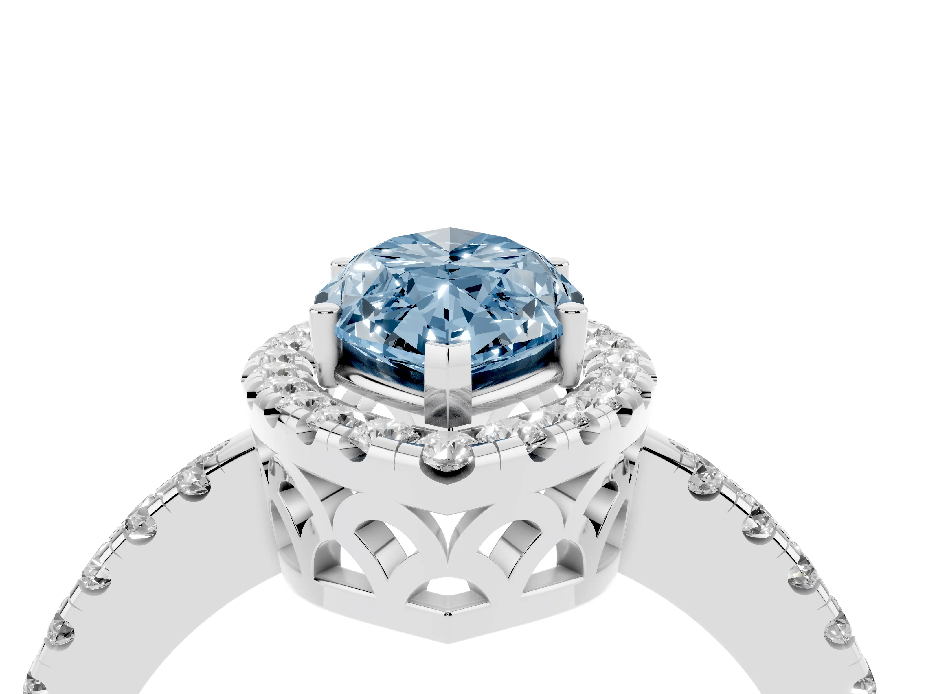 Fancy Blue Marquise Cut Diamond Pavé Band Halo Engagement Ring Set in Platinum with Prong Setting