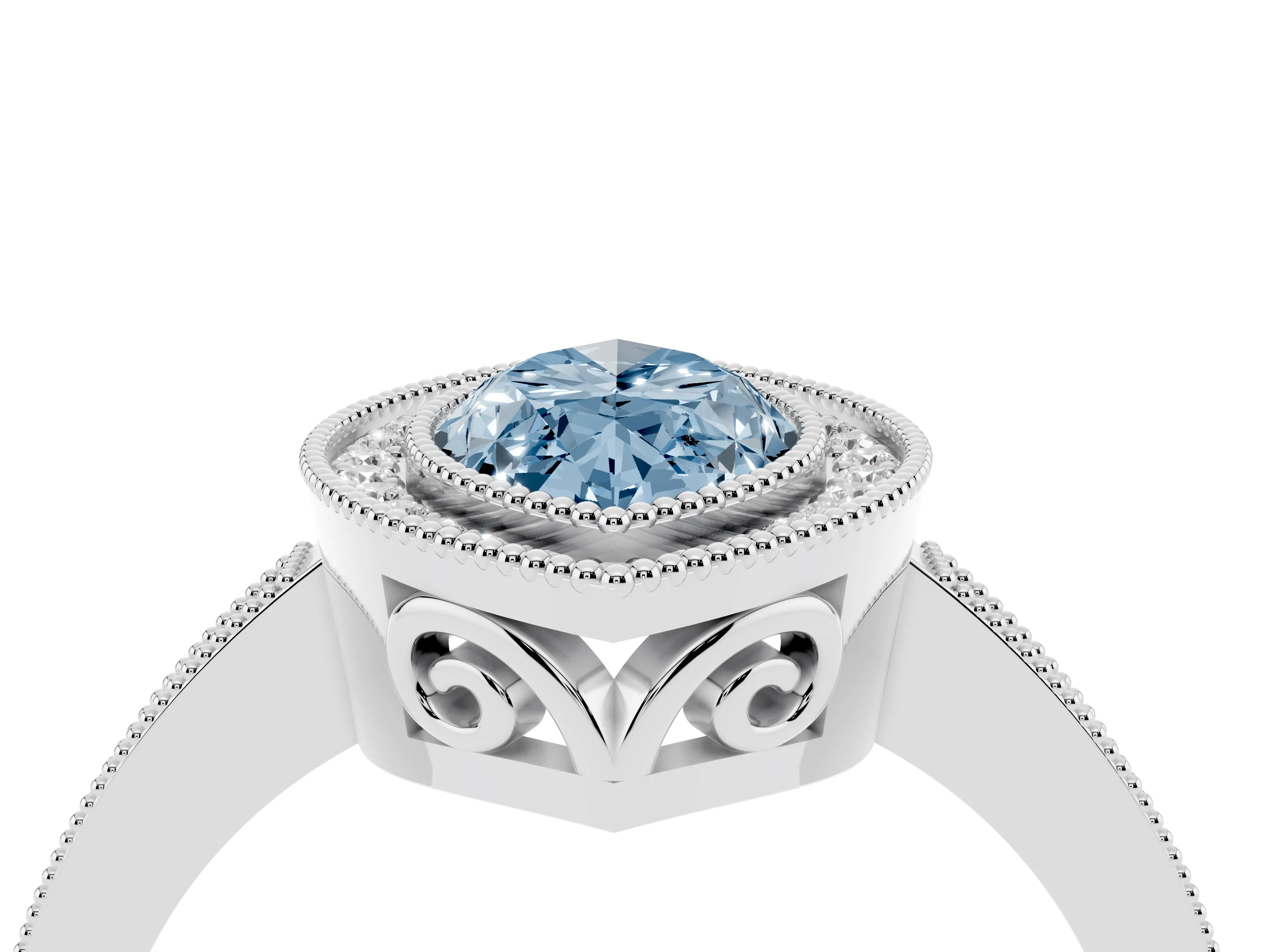 Fancy Blue Marquise Cut Diamond Halo Ring Set in White gold with Pavé Band and Milgrain-Edged Prongs