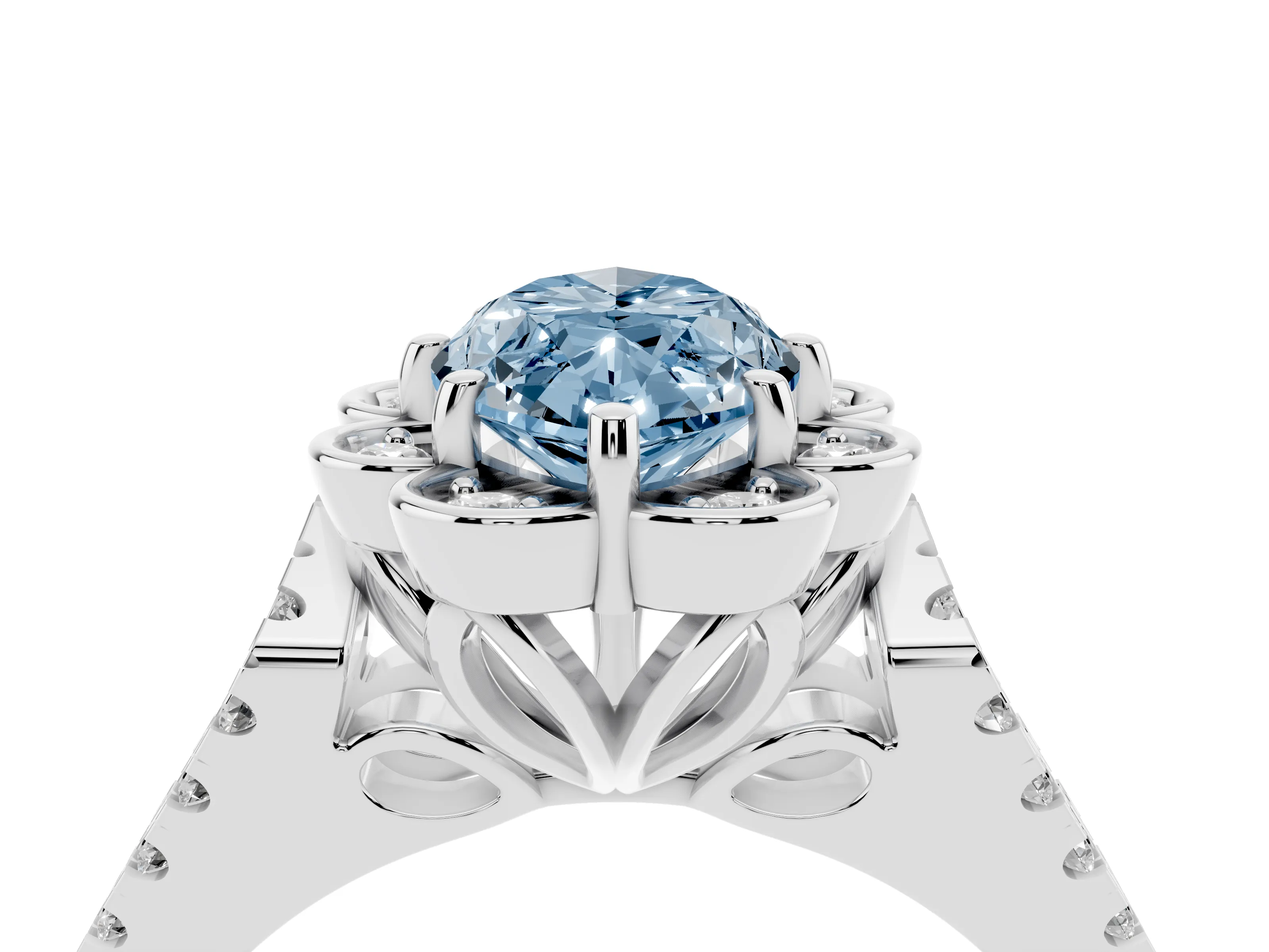 Fancy Blue Marquise Cut Diamond Floral Halo Split Shank Engagement Ring Set in Platinum with Pavé Shank