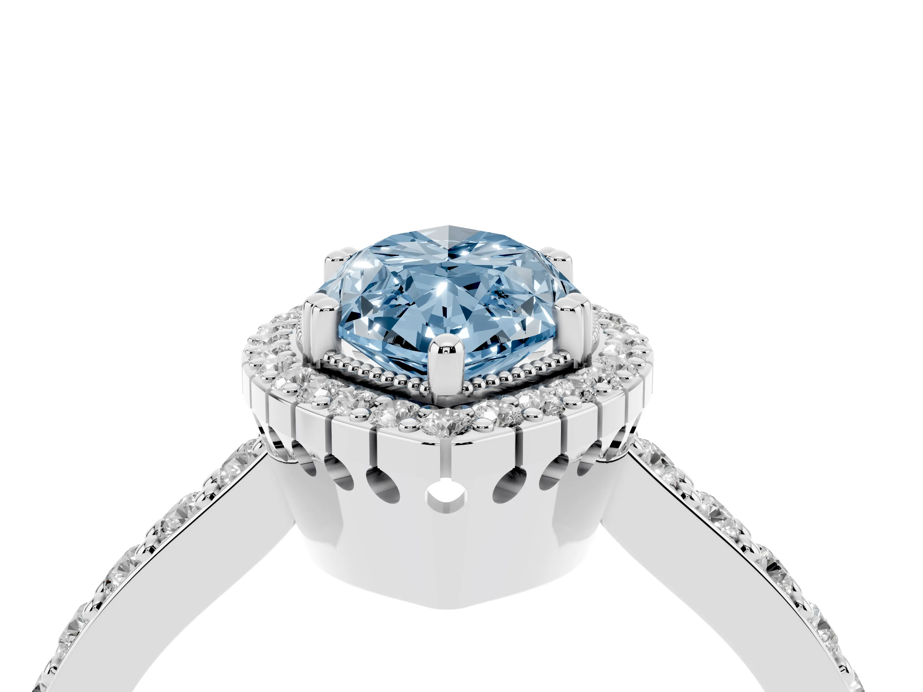 Fancy Blue Marquise Cut Diamond Halo Engagement Ring Set in Platinum with Milgrain Detail and Pavé Band