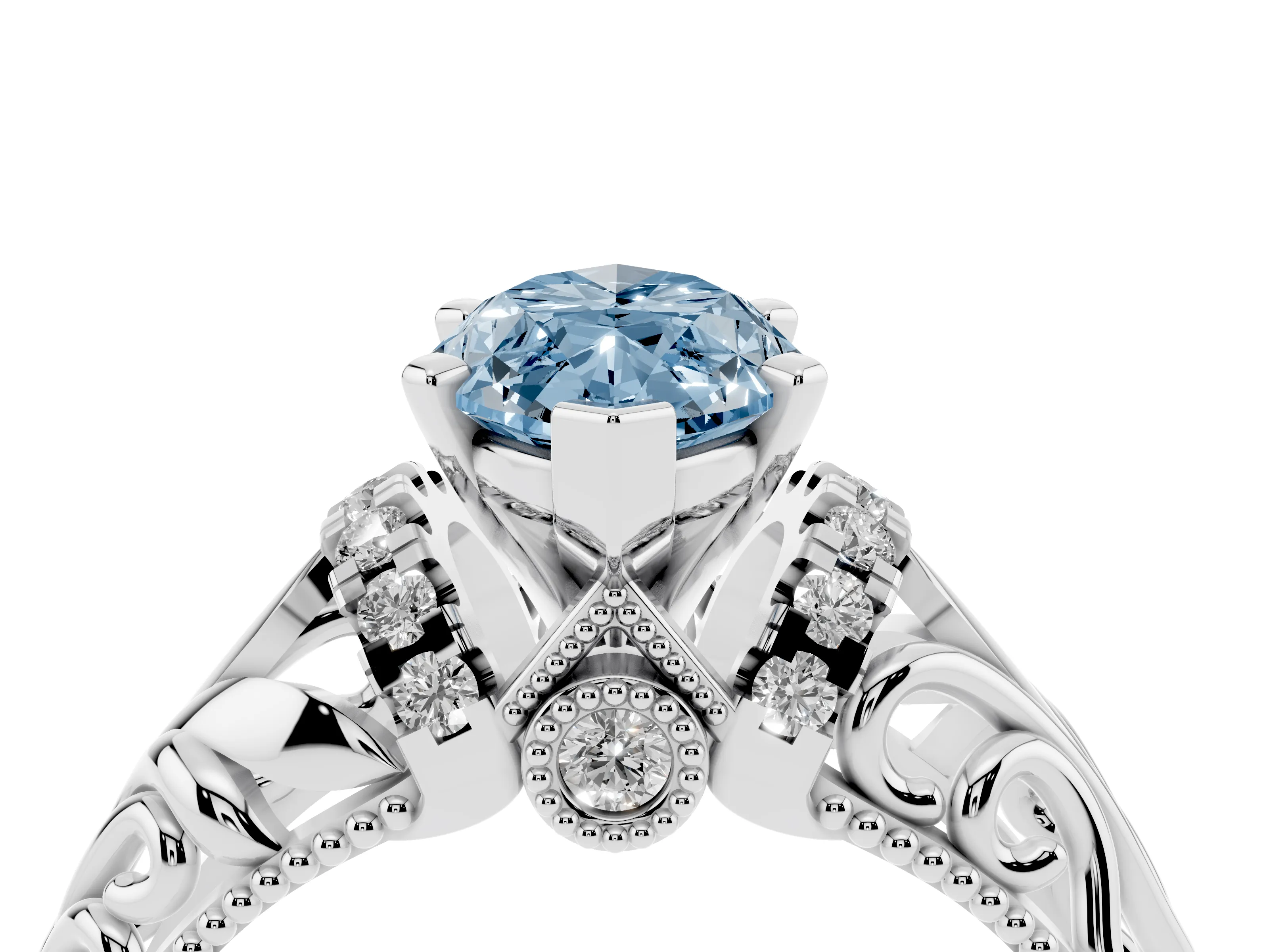 Fancy Blue Marquise Cut Diamond Filigree Halo Engagement Ring Set in White gold with Prong Setting