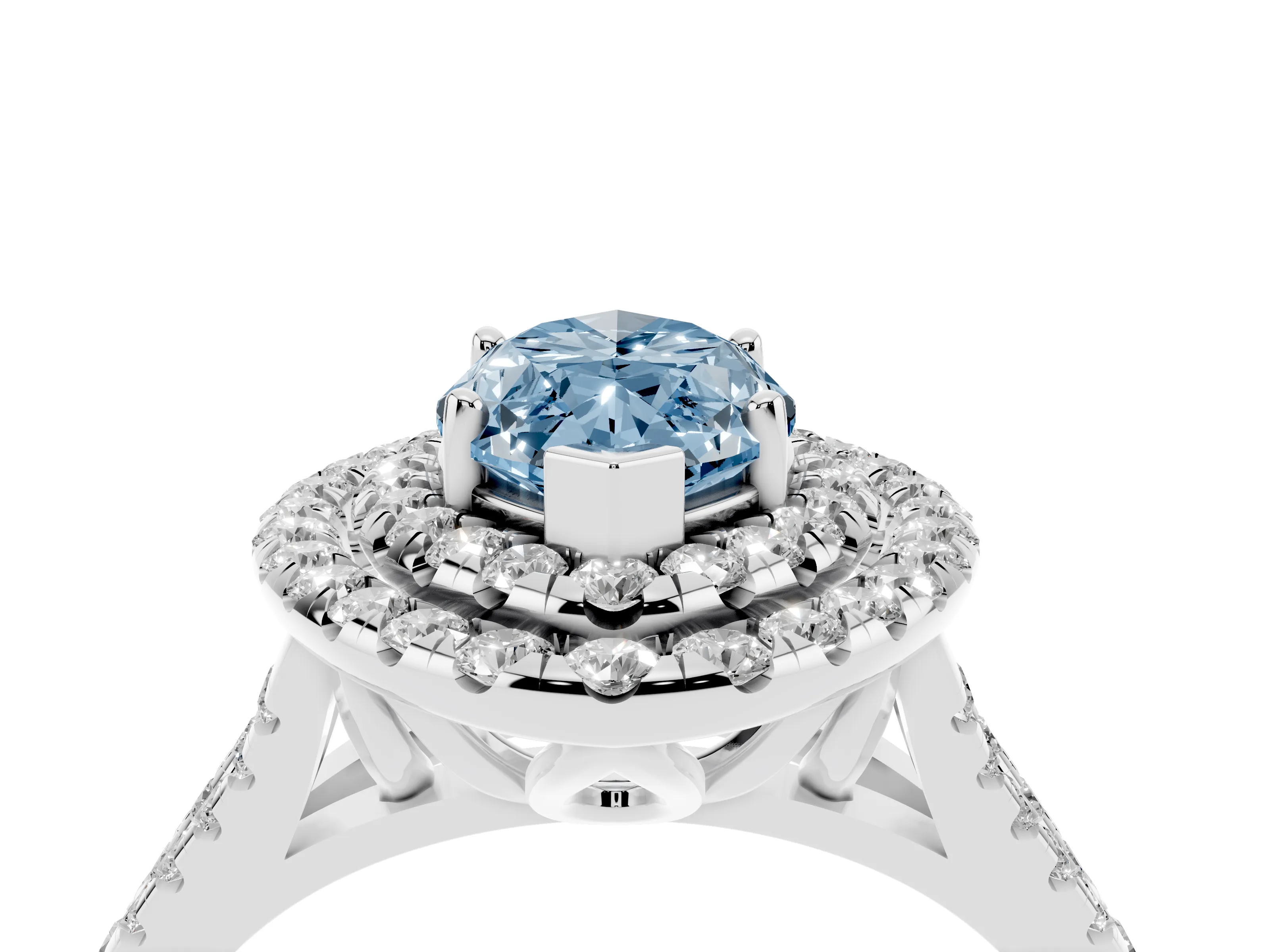 Fancy Blue Marquise Cut Diamond Double Halo Ring Set in Platinum with Pavé Split Shank and Prong Setting