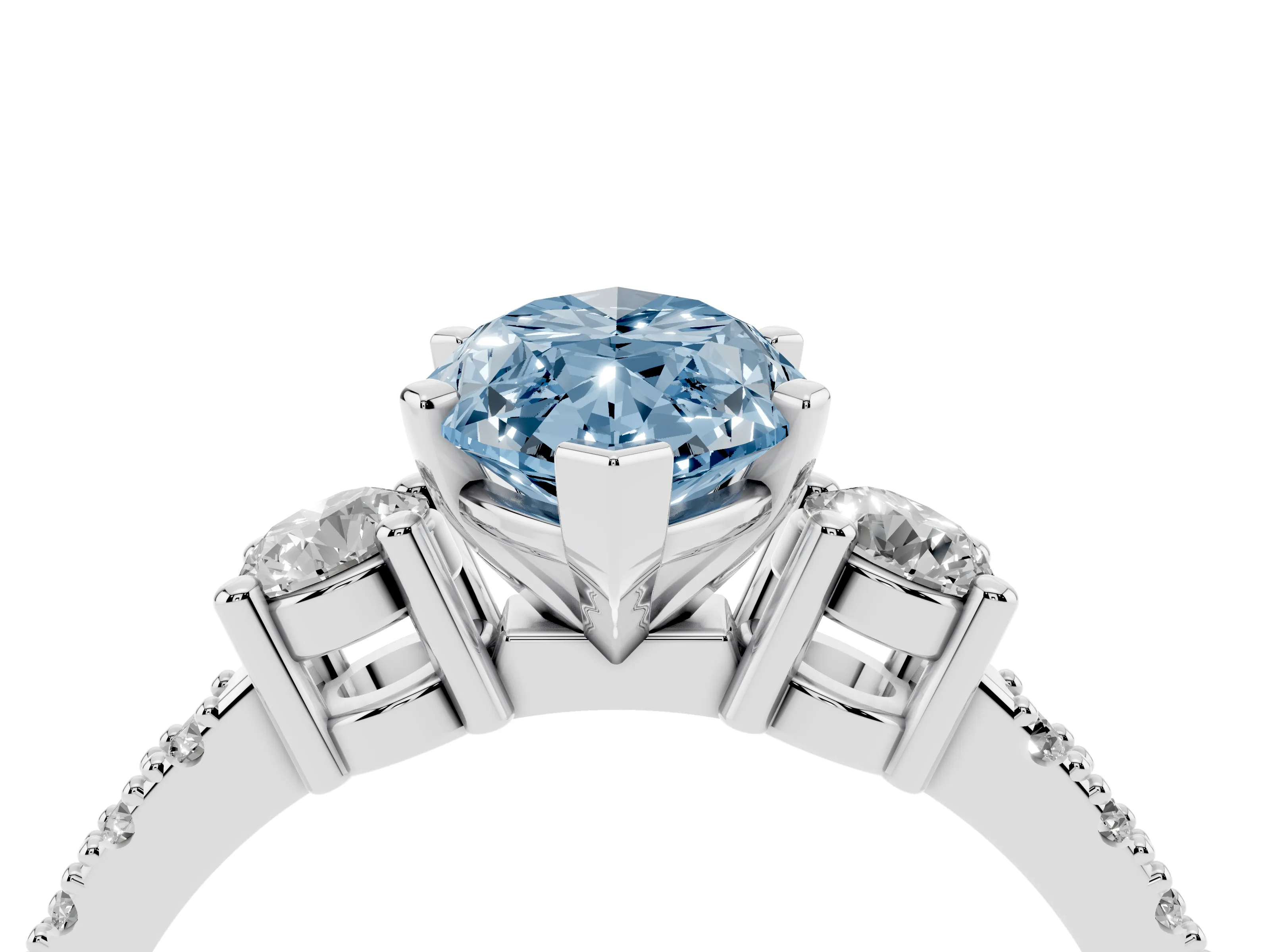 Fancy Blue Three-Stone Marquise Cut Diamond Pavé Band Ring Set in Silver with Prong Setting