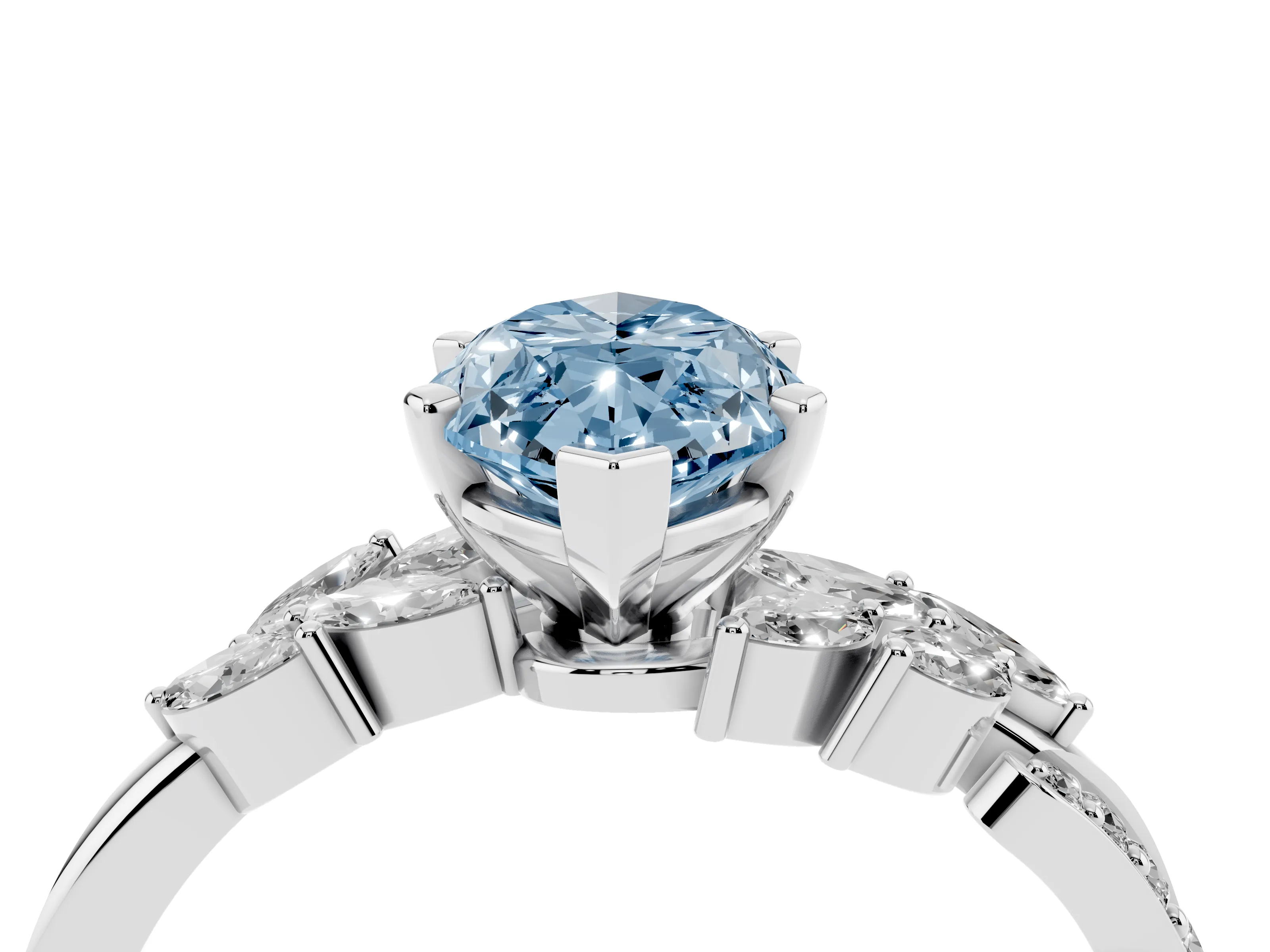 Fancy Blue Marquise Cut Diamond Solitaire Ring Set in White gold with Marquise Twist Band and Prong Setting