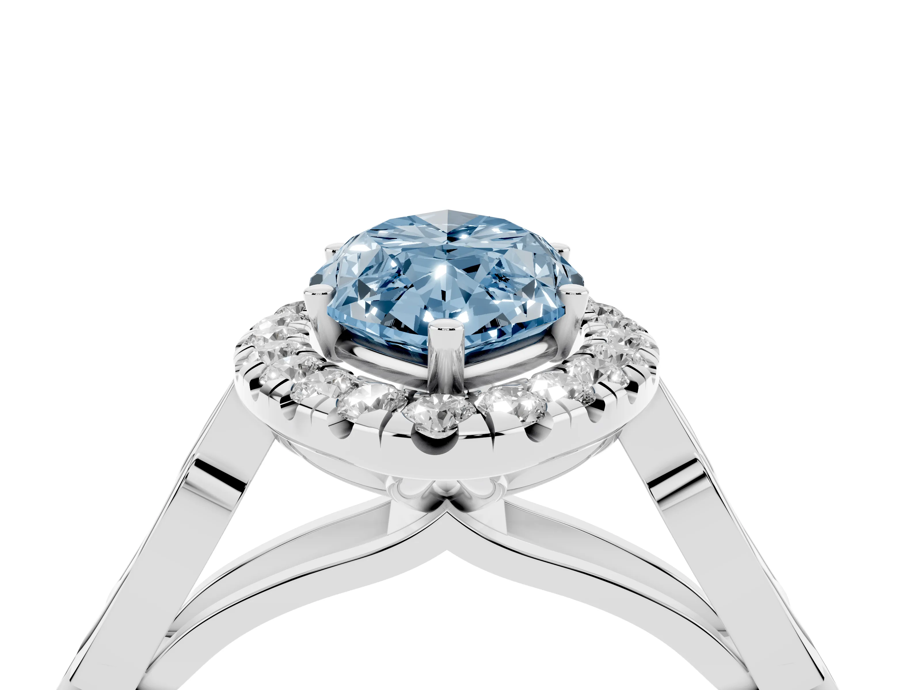 Fancy Blue Marquise Cut Diamond Halo Engagement Ring Set in White gold with Filigree Band and Prong-Set Center