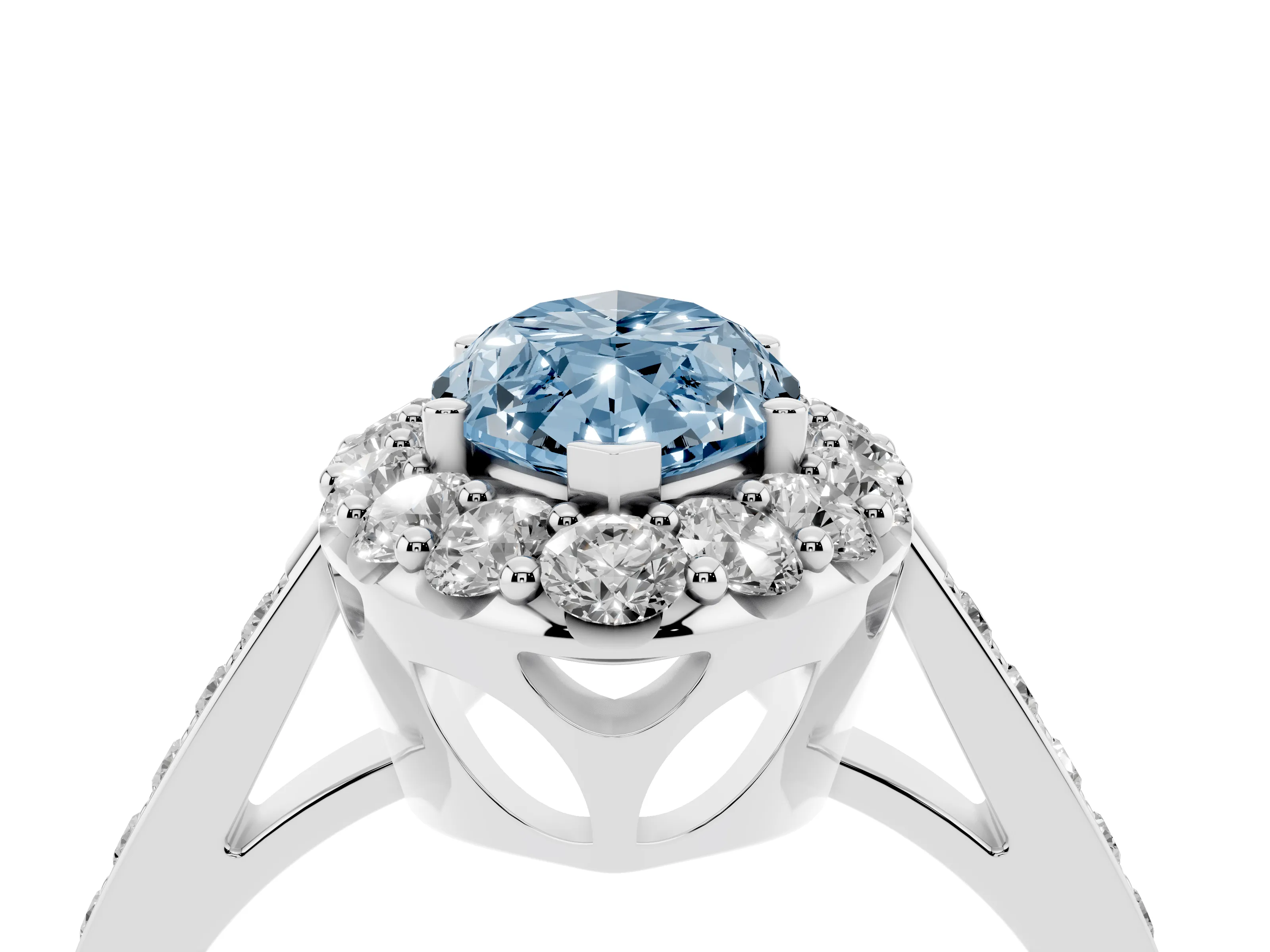 Fancy Blue Marquise Cut Diamond Floral Halo Ring Set in Silver with Pavé Band and Prong Setting