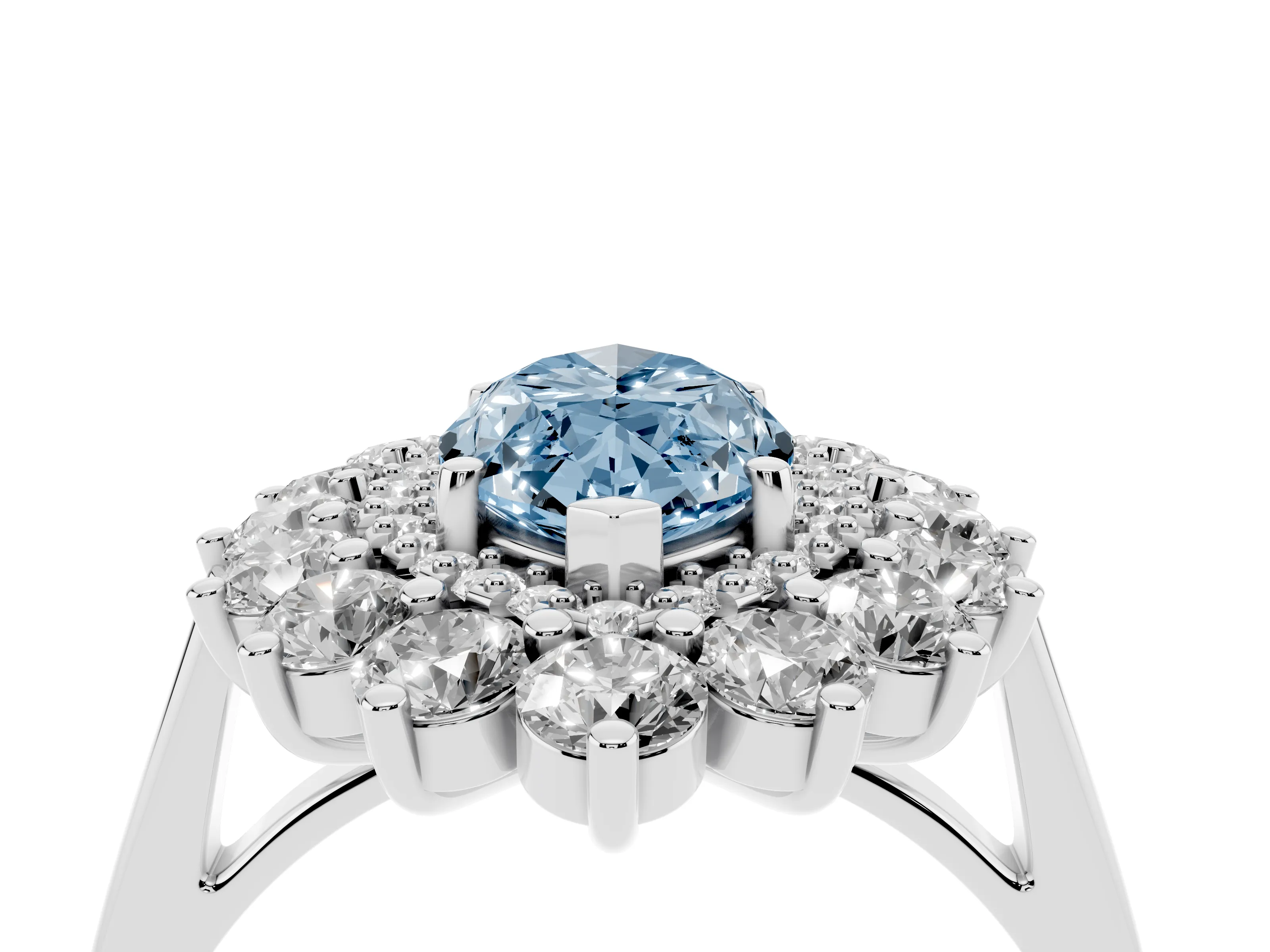 Fancy Blue Marquise Cut Diamond Floral Double Halo Ring Set in Platinum with Round Petals