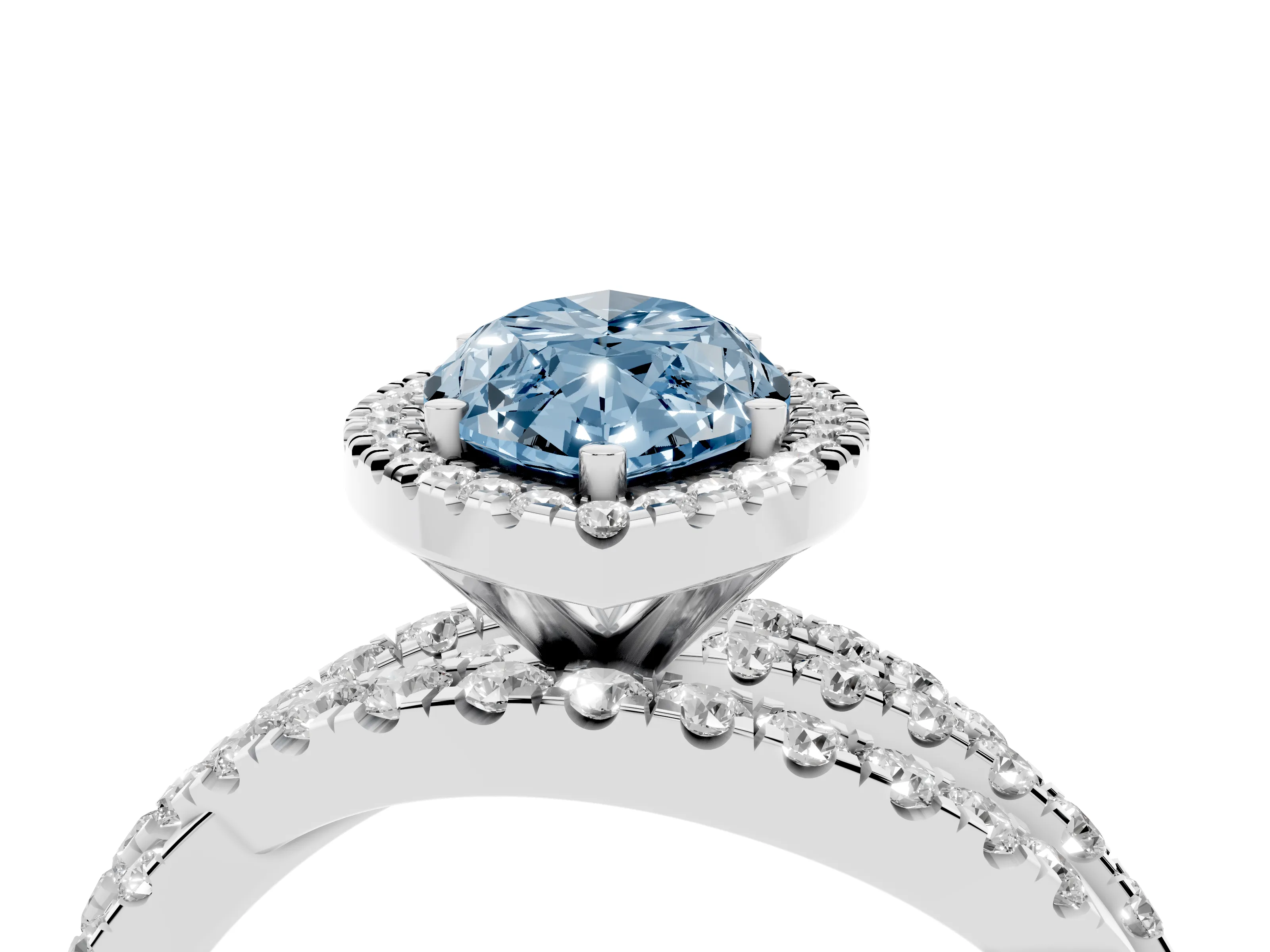 Fancy Blue Marquise Cut Diamond Halo Ring Set in White gold with Round Crossover Split Shank and Prong Setting