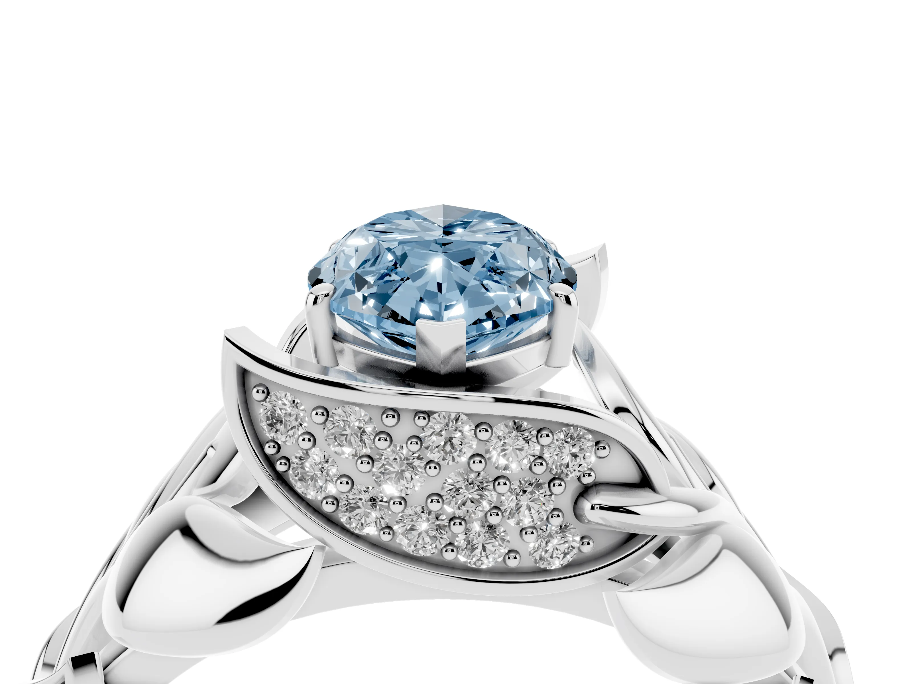 Fancy Blue Marquise Cut Diamond Leaf-Inspired Engagement Ring Set in Platinum with Round Accents