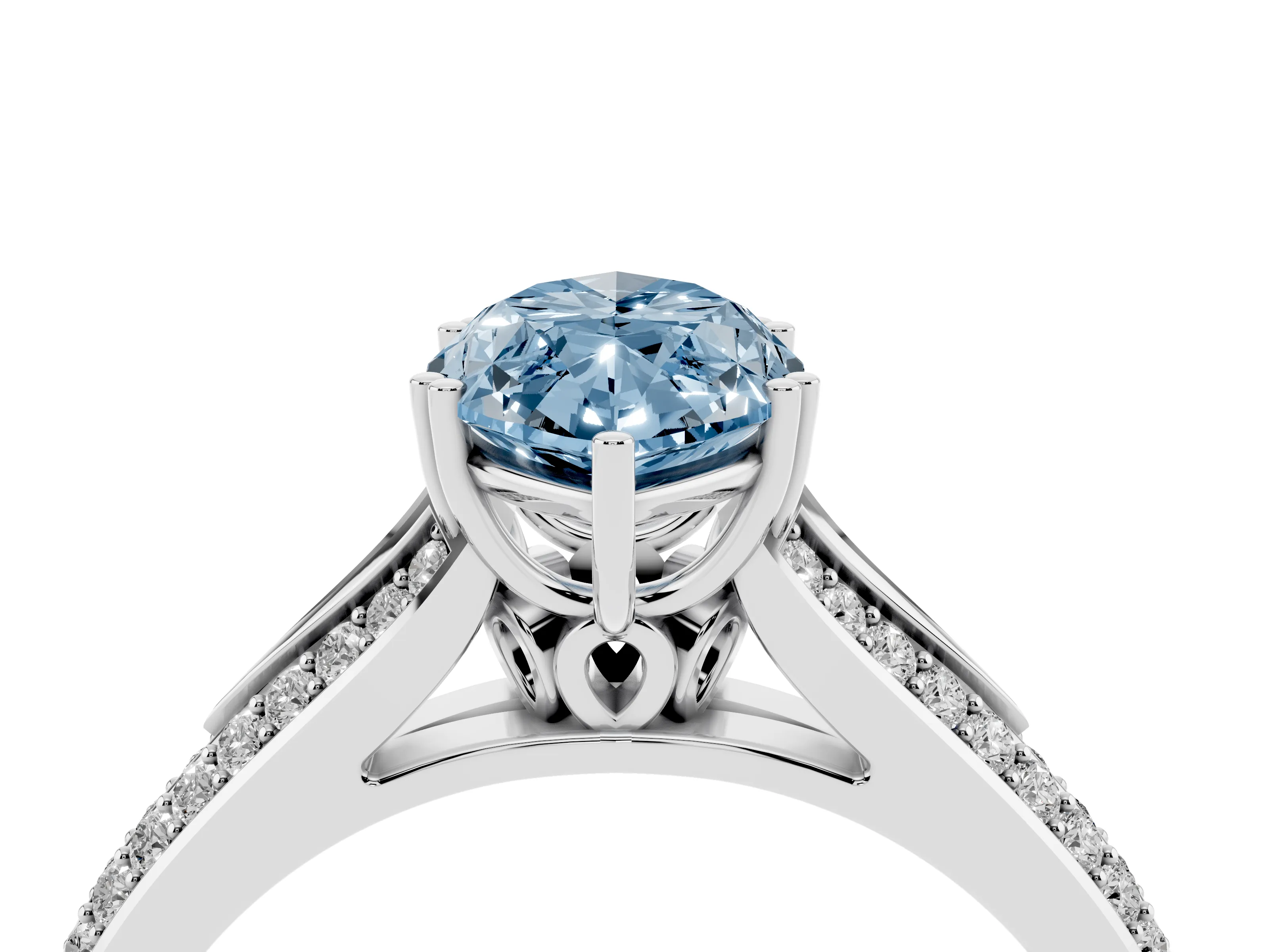 Fancy Blue Marquise Cut Diamond Split Shank Pavé Engagement Ring Set in White gold with Prong-Set Center Stone