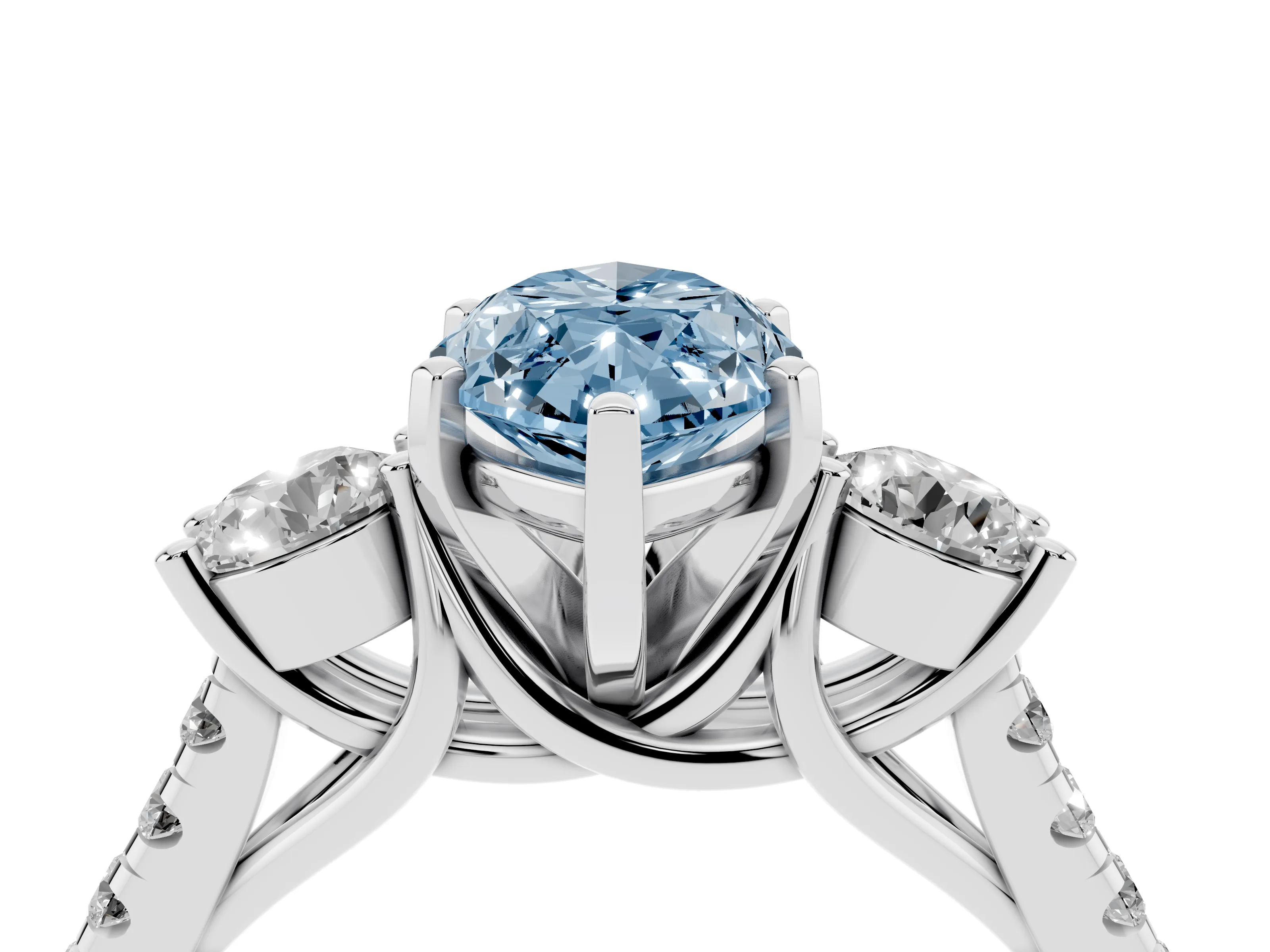 Fancy Blue Three-Stone Marquise Cut Diamond Pavé Band Ring Set in Silver with Prong-Set Trio