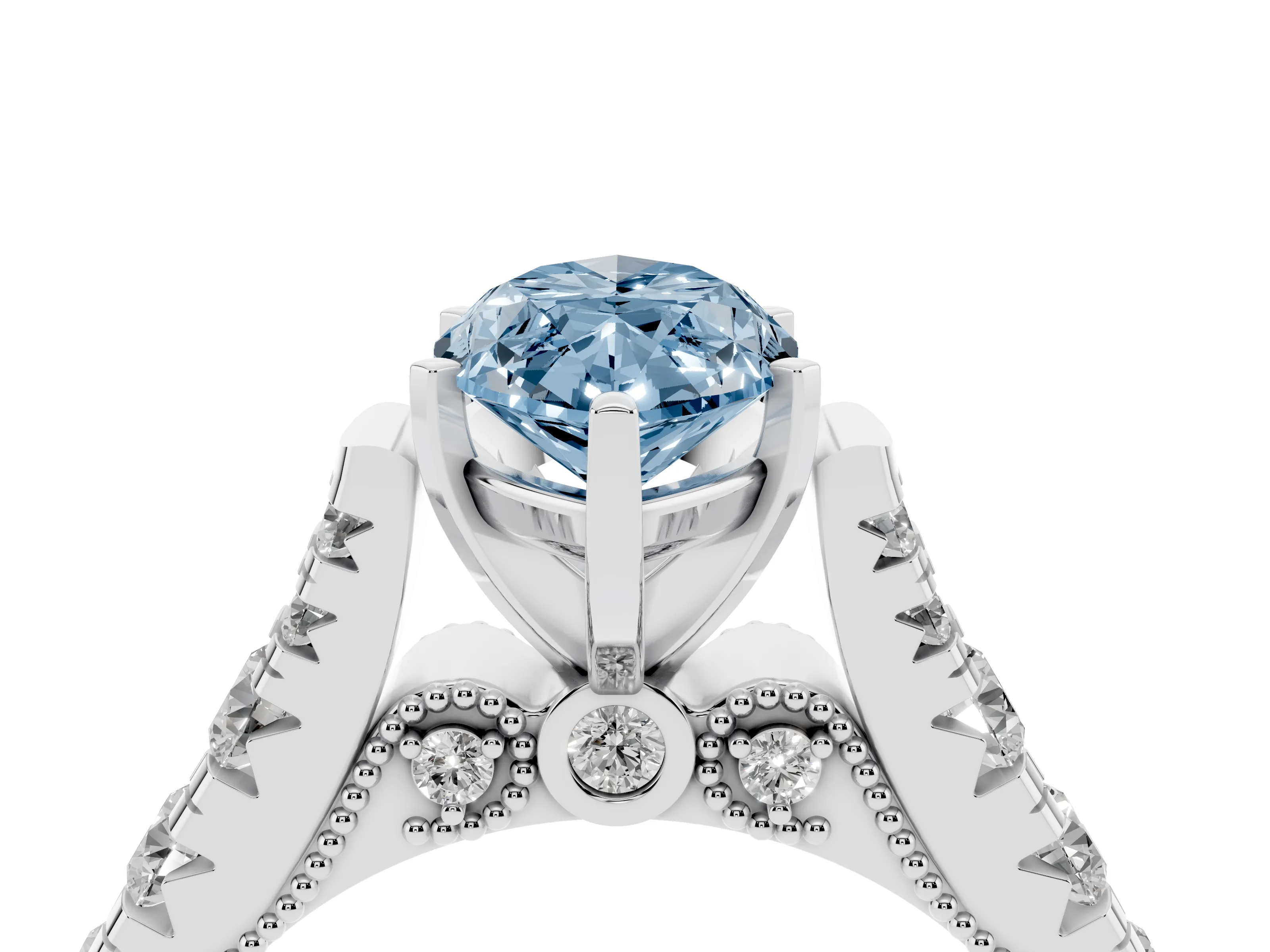 Fancy Blue Marquise Cut Diamond Classic Solitaire Ring Set in White gold with Pavé Band and Prong Setting