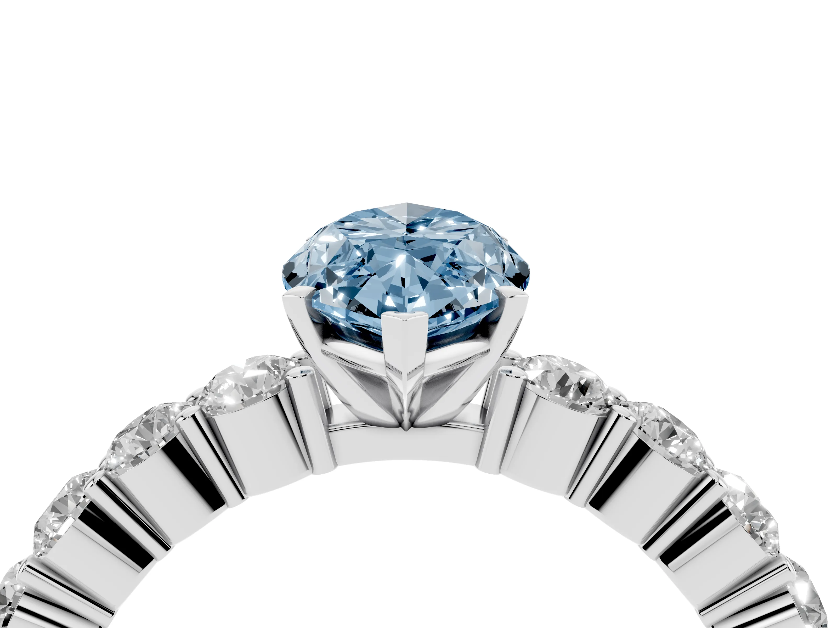 Fancy Blue Marquise Cut Diamond Solitaire Ring Set in White gold with Shared Prong Round Side Stones