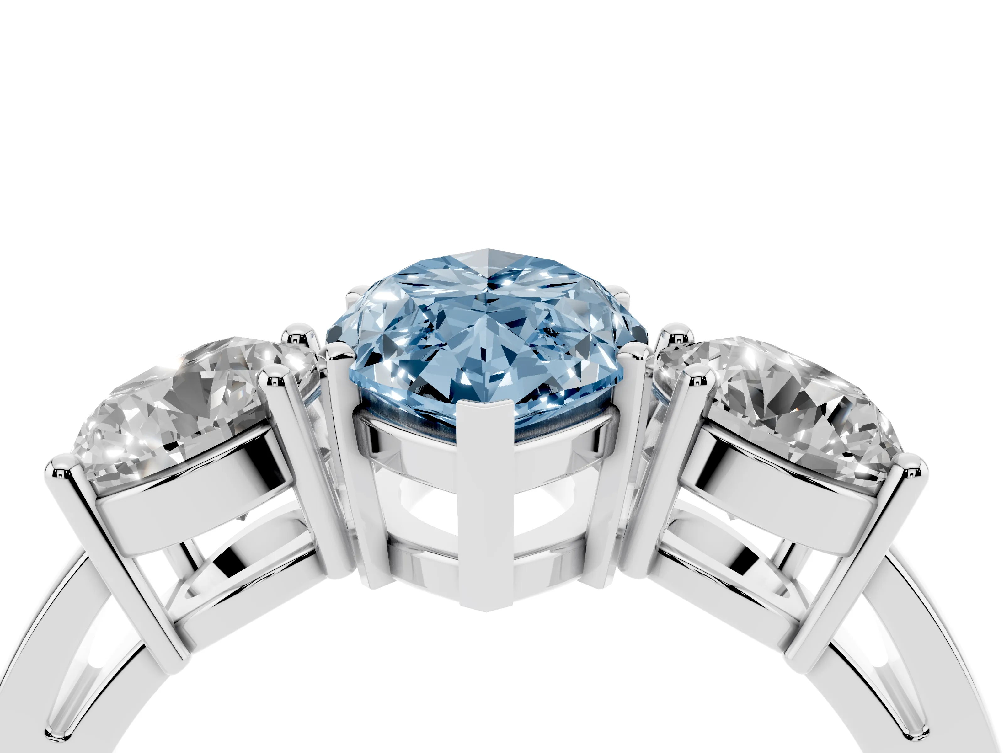 Fancy Blue Marquise Cut Diamond Three-Stone Ring Set in Platinum with Round Side Stones and Classic Band