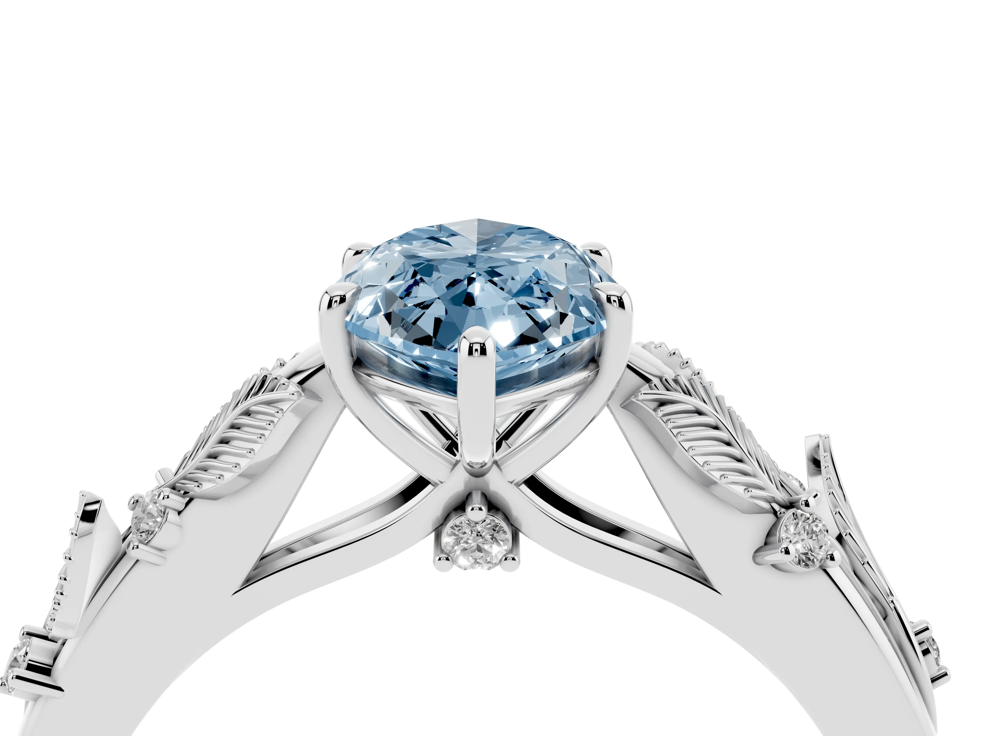 Fancy Blue Marquise Cut Diamond Solitaire Ring Set in Platinum with Leaf Motif Band
