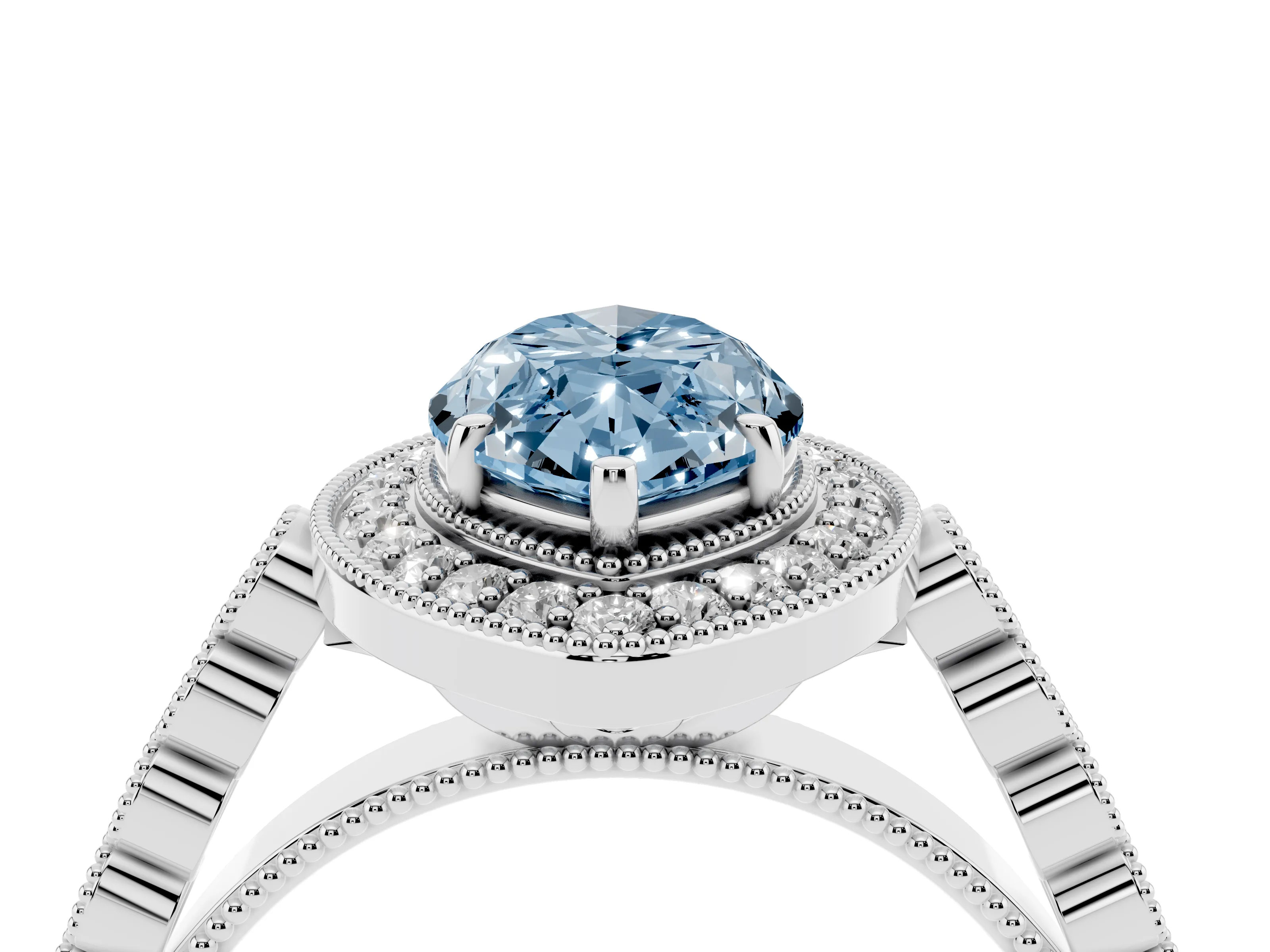 Fancy Blue Marquise Cut Diamond Milgrain Halo Solitaire Ring Set in Platinum with Bezel Set Side Stones and Pavé Band
