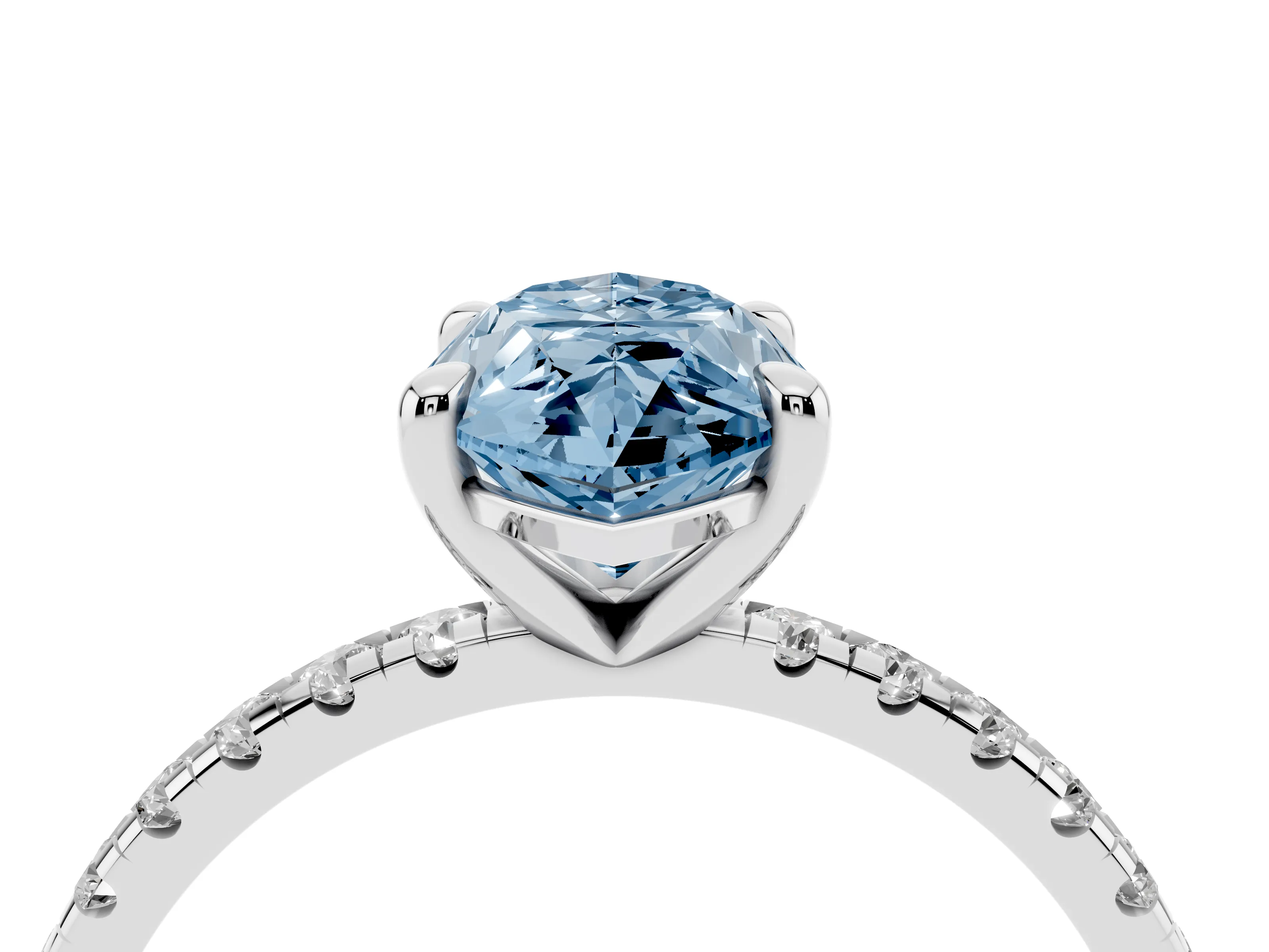 Fancy Blue Marquise Cut Diamond Brilliant Solitaire Ring Set in White gold with Pavé Band and Prong Setting