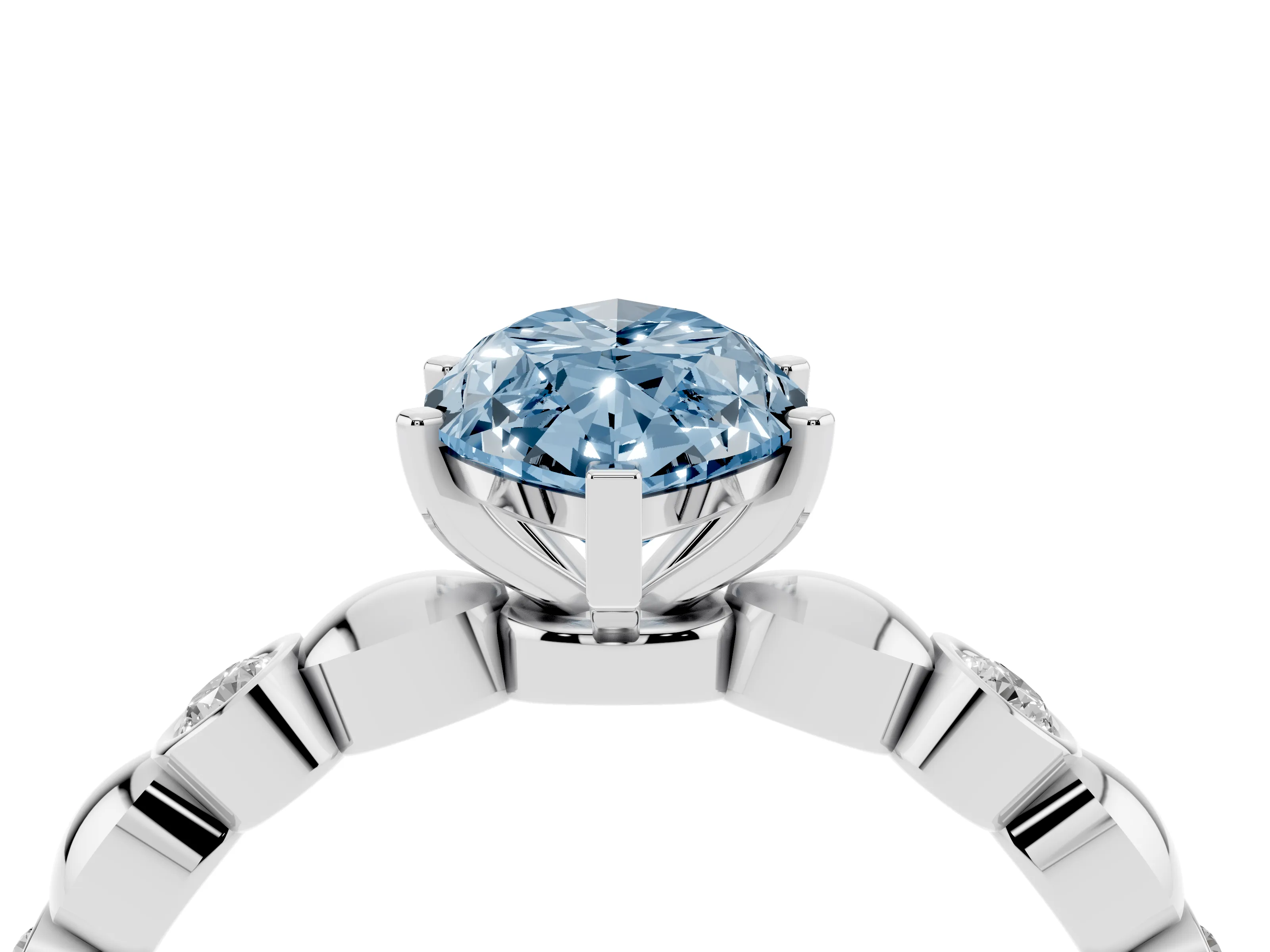 Fancy Blue Marquise Cut Diamond Solitaire Ring Set in Silver with Bezel-Set Accents on Beaded Band and Prong Setting