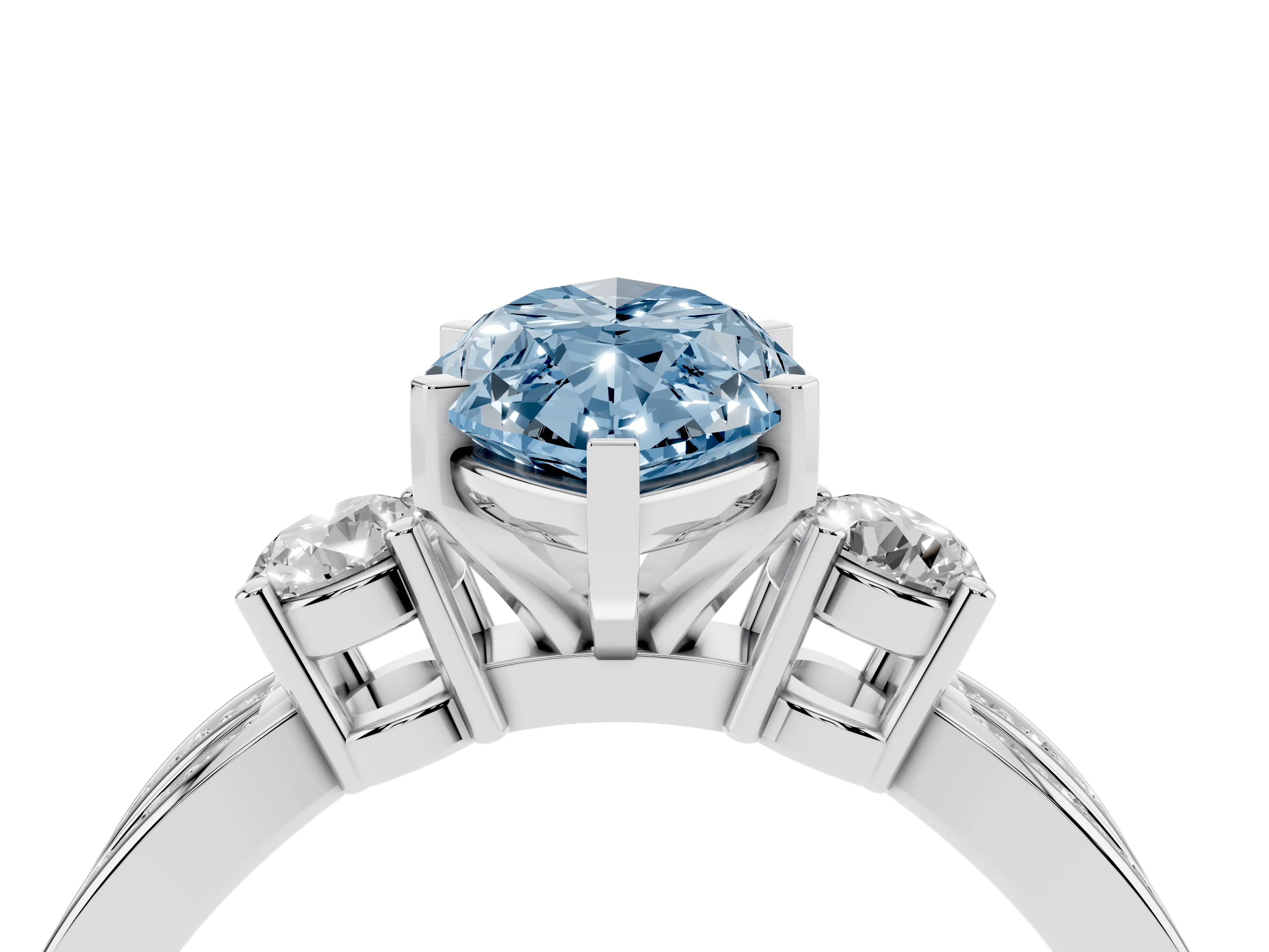 Fancy Blue Three-Stone Marquise Cut Diamond Twist Band Ring Set in White gold with Pavé Accents and Prong Setting