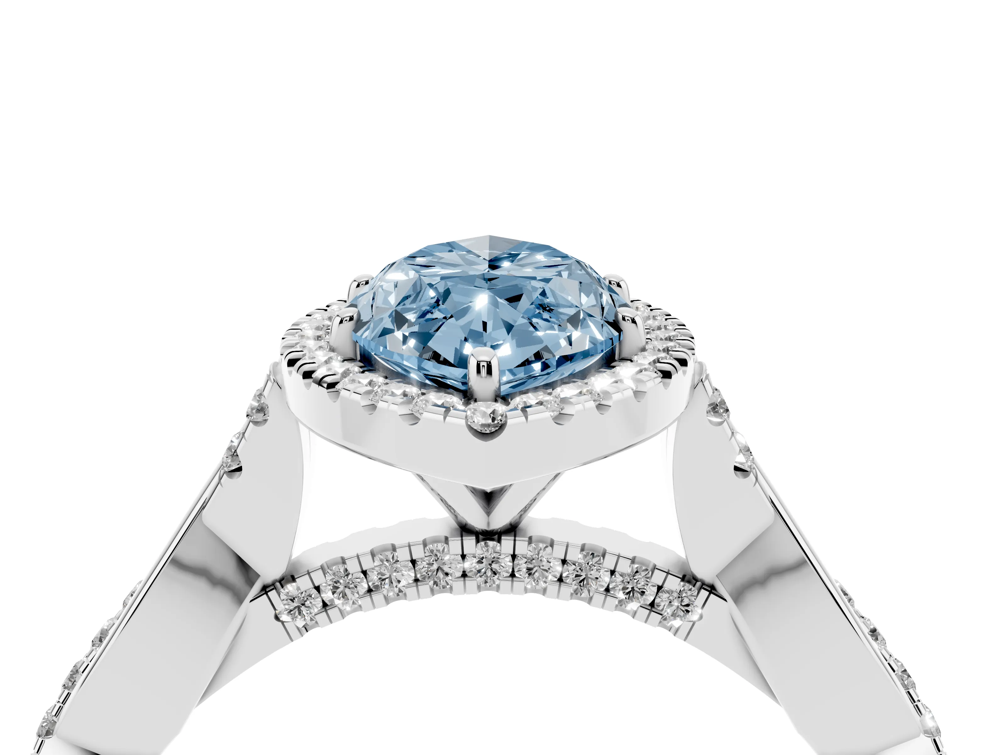Fancy Blue Marquise Cut Diamond Halo Twist Band Solitaire Ring Set in White gold with Prong Setting