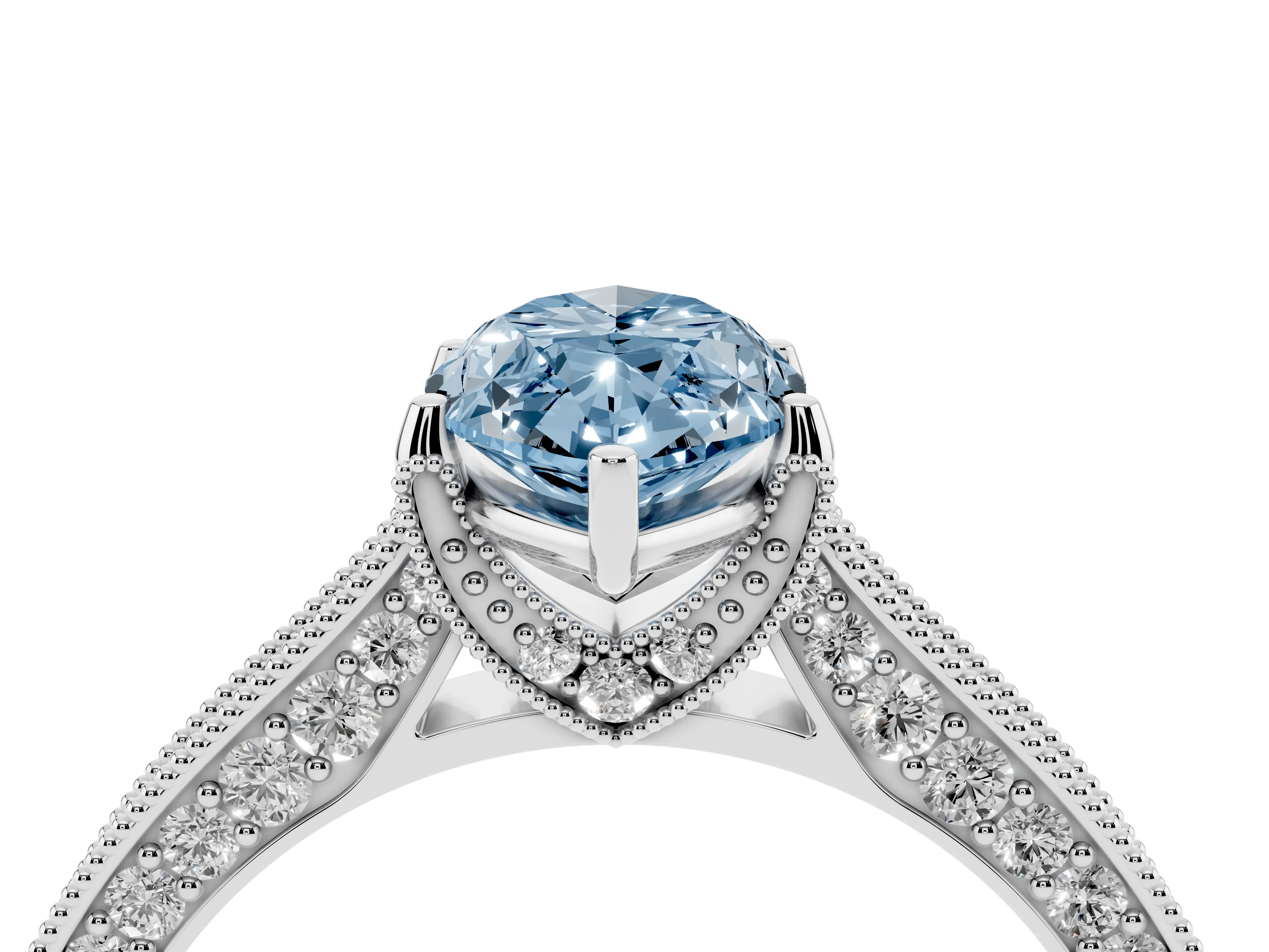 Fancy Blue Marquise Cut Diamond Solitaire Ring Set in Silver with Milgrain-Edged Pavé Band and Prong Setting